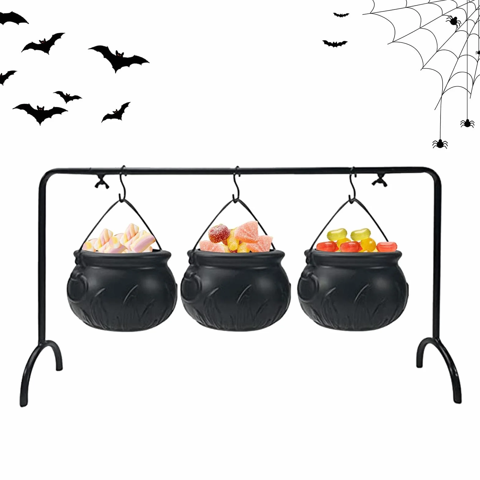 Zestaw 3 misek do serwowania czarownic, Halloween, czarny czajnik, wiaderko na słodycze, kociołek czarownicy na stelażu, zestaw kociołków na słodycze, na słodycze lub psikusy, dekoracja Halloween