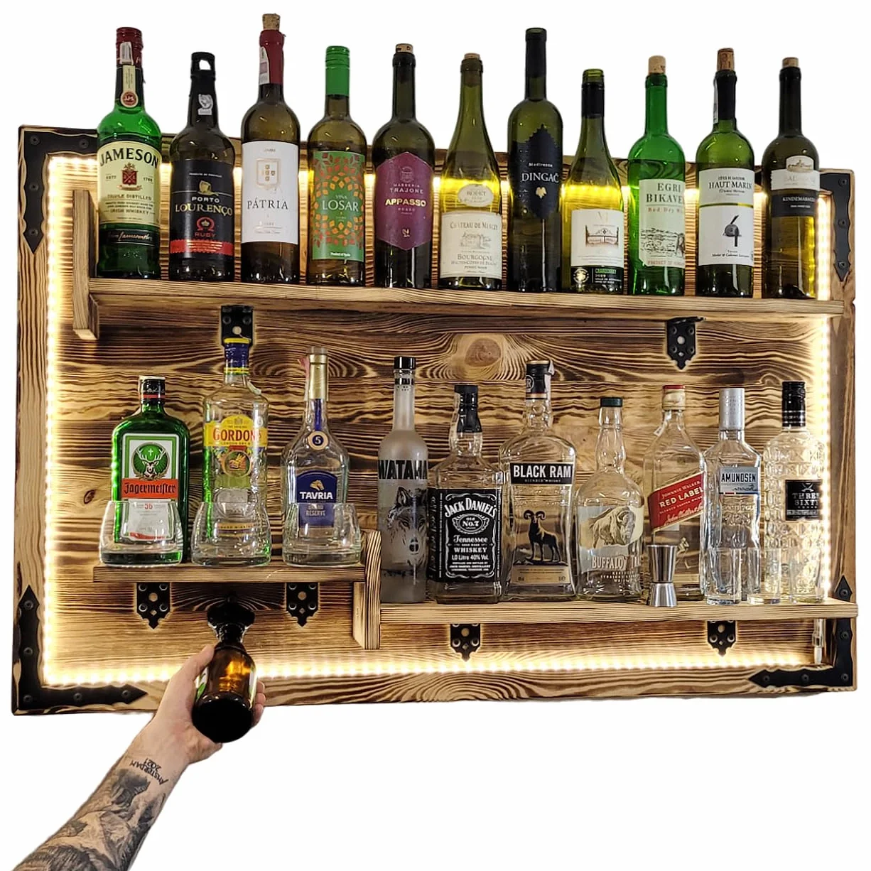 weeco Regał wiszący na ścianie, oświetlenie LED, rustic alkoholowy stojak, regał ścienny, stojak na whisky