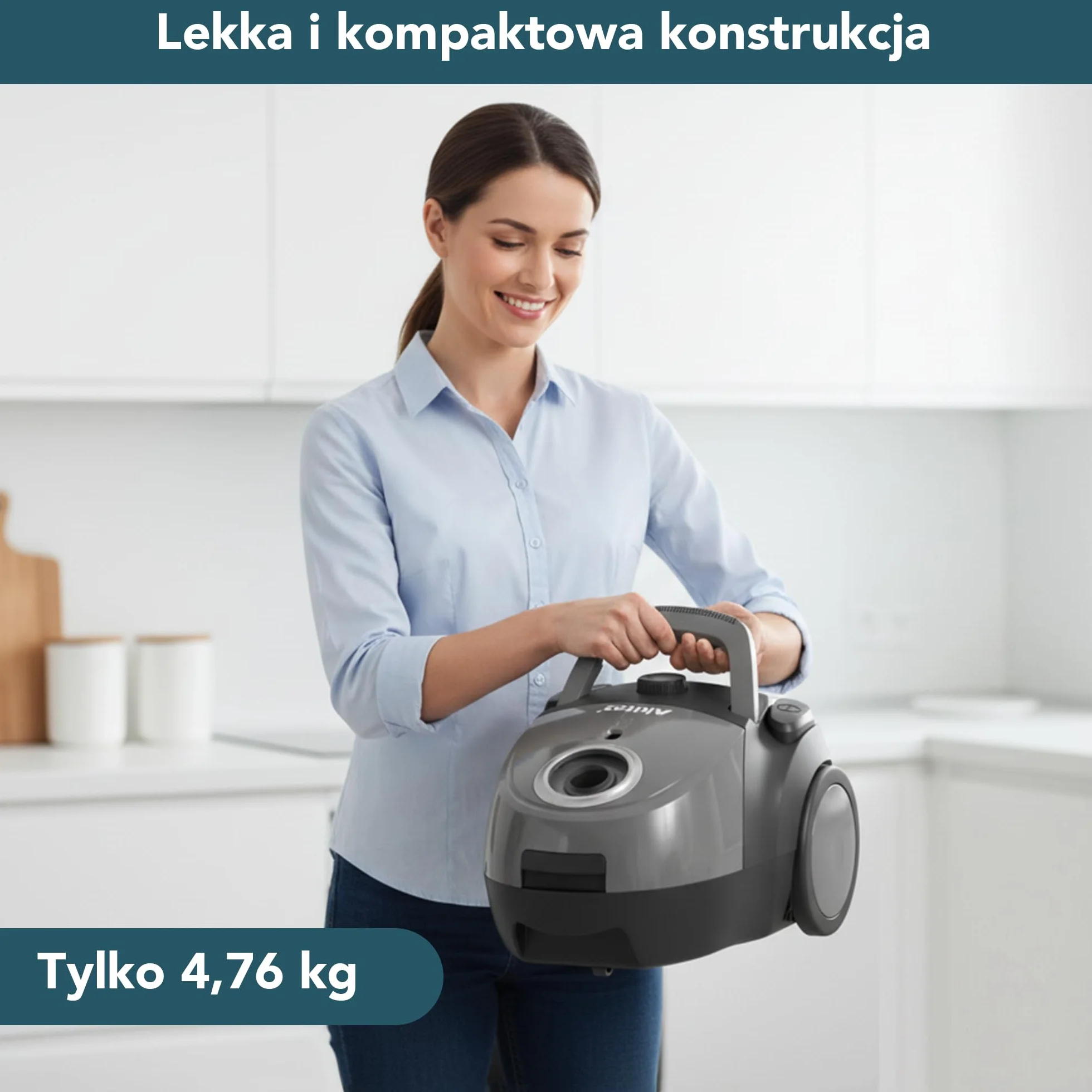Odkurzacz workowy Akitas C5, moc ssąca 850W, promień działania 9 m, filtr HEPA dla alergików i zwierząt domowych, dysza podłogowa Wessel-Werk, zawiera 3 akcesoria, kompaktowy i lekki