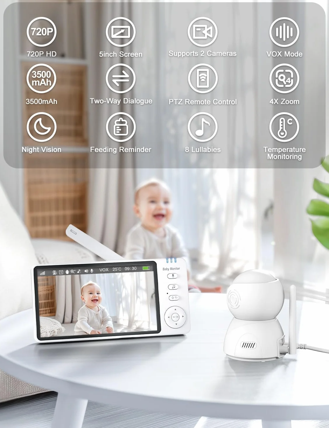 OBVHNUA Baby Monitor 5 sztuk Kamera dla niemowląt Ekran 720P HD Babyphone Wideo Baby Monitor z Pan-Tilt 2X-4X Zoom Wizja nocna VOX Intercom 8 Kołysanek 5 Budzik Temperatura Czas