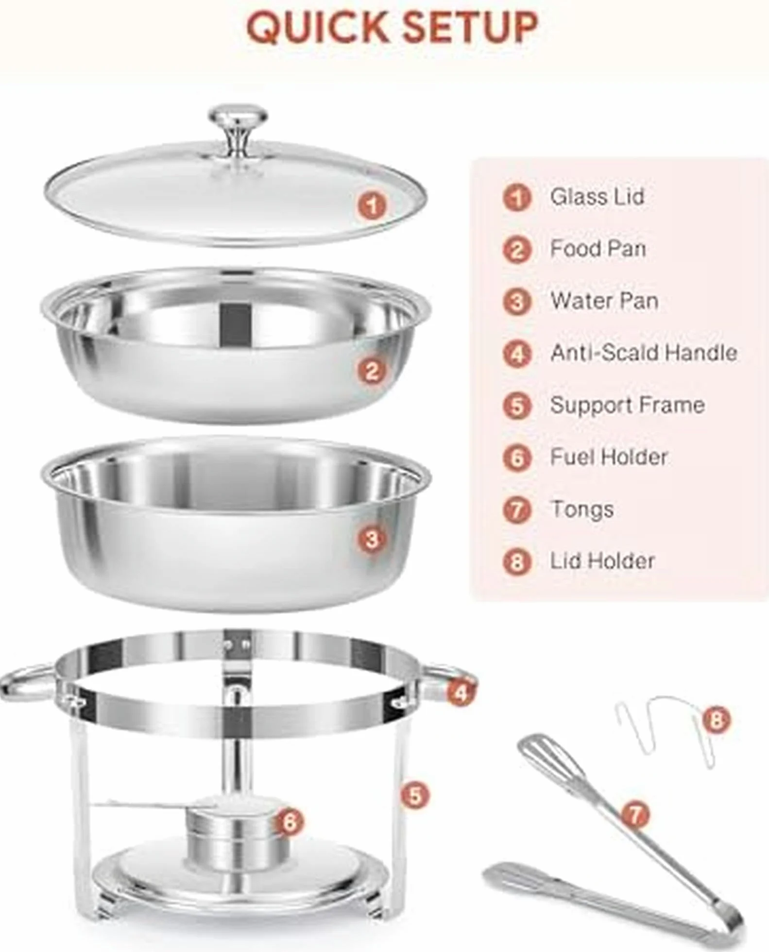Zestaw 4 Okrągłych Naczyń Do Podgrzewania Potraw Ze Stali Nierdzewnej Z Pokrywkami, Pojemnikami Na Żywność I Pojemnikami Na Paliwo, 5-Litrowe Tace Bufetowe Do Cateringu Restauracyjnego I Imprez. 5,5