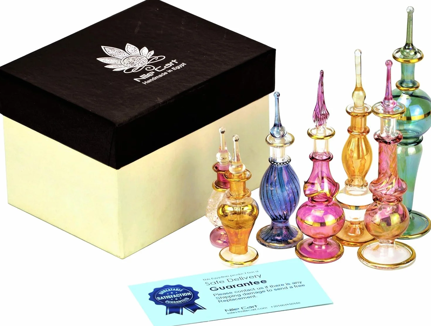 NileCart Egipskie butelki na perfumy, 5-12,5 cm, zestaw 6 dmuchanych ustami, dekoracyjne szkło z ręcznie wykonanymi złotymi egipskimi dekoracjami do perfum i olejków eterycznych