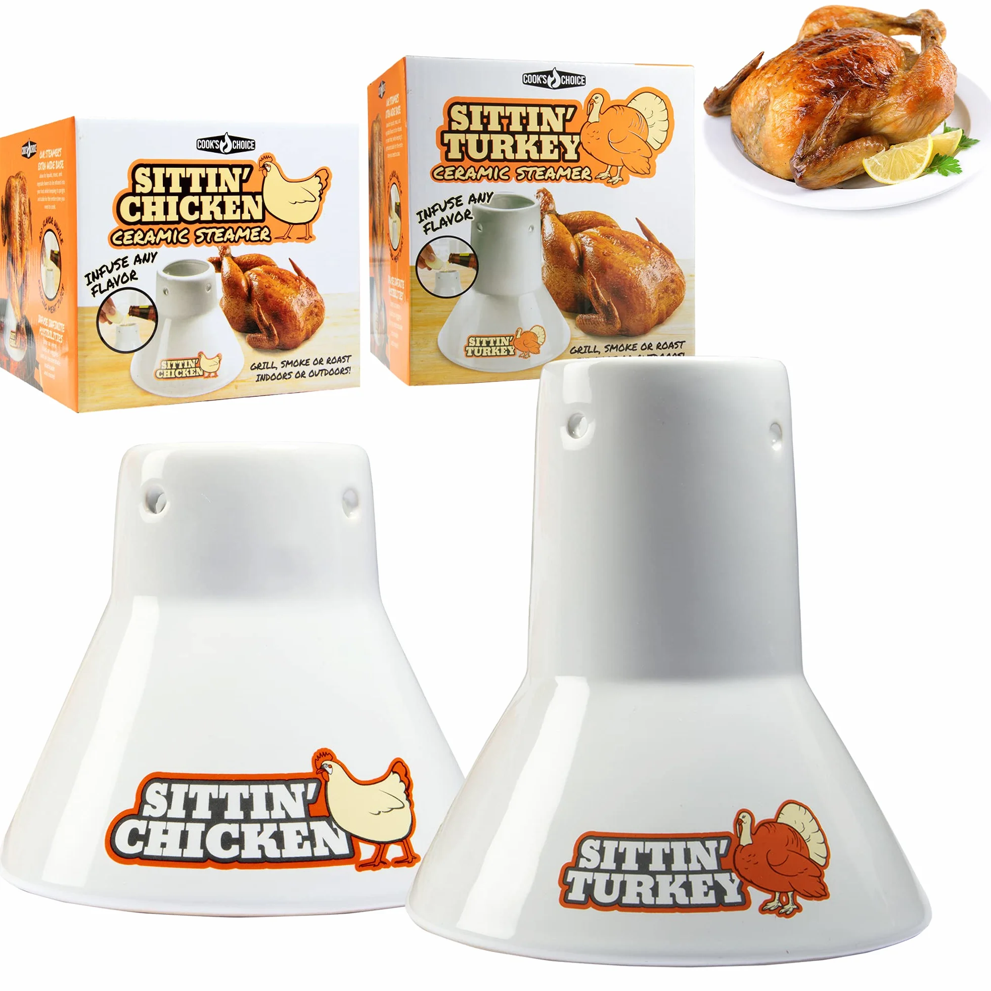 Cook's Choice Ceramiczny parowar do pieczenia, opakowanie combo – siedzący kurczak i indyk, marynata grill, zaparzanie smaków grilla – nieprzywierający pionowy parowar dla drobiu – świetny