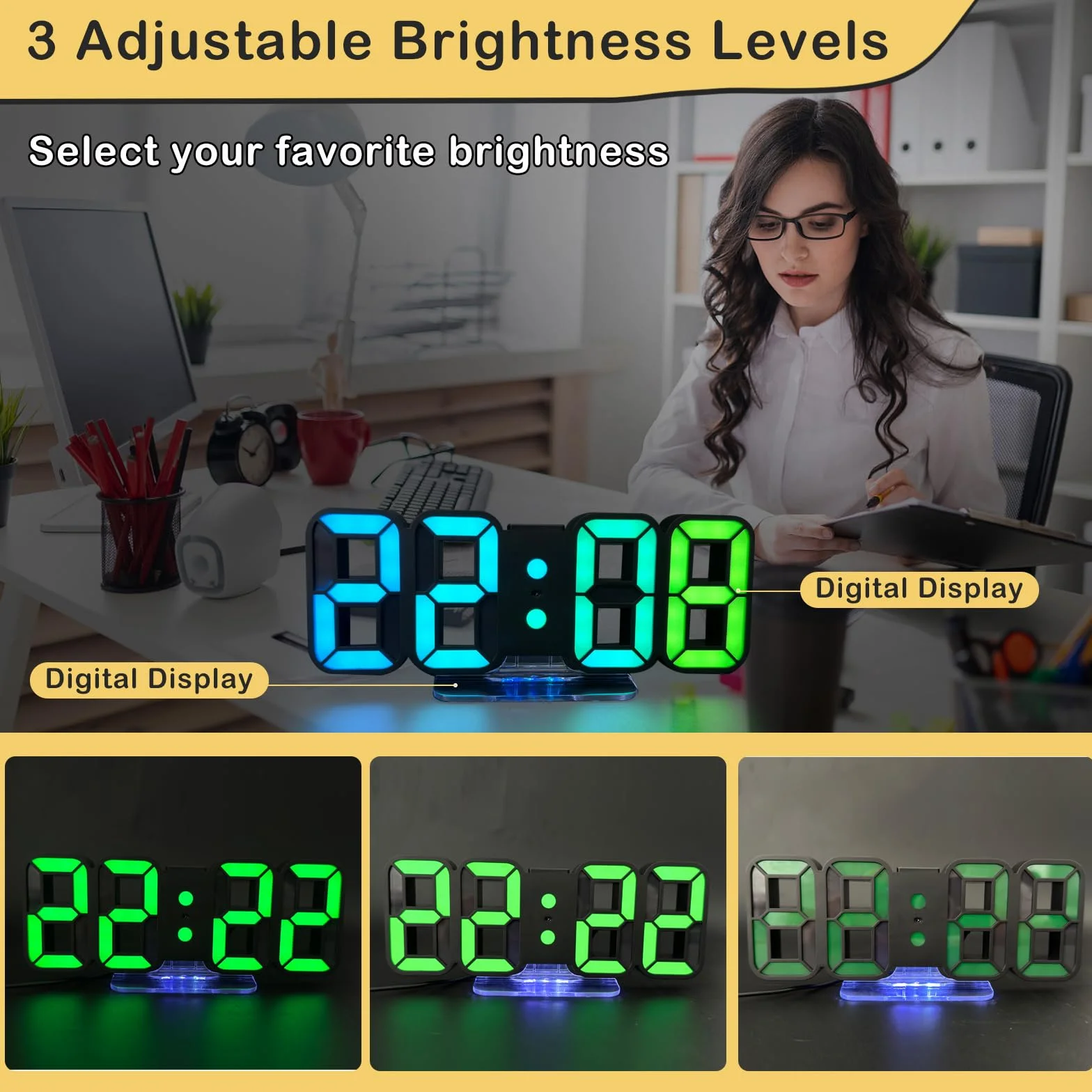 Seutgjie Cyfrowy budzik 3D LED, zegar stołowy/zegar ścienny, zegar cyfrowy, 14 kolorów RGB, 12/24 godziny, 3 ustawienia jasności, tryb nocny, tryb drzemki z pilotem zdalnego sterowania, czarny
