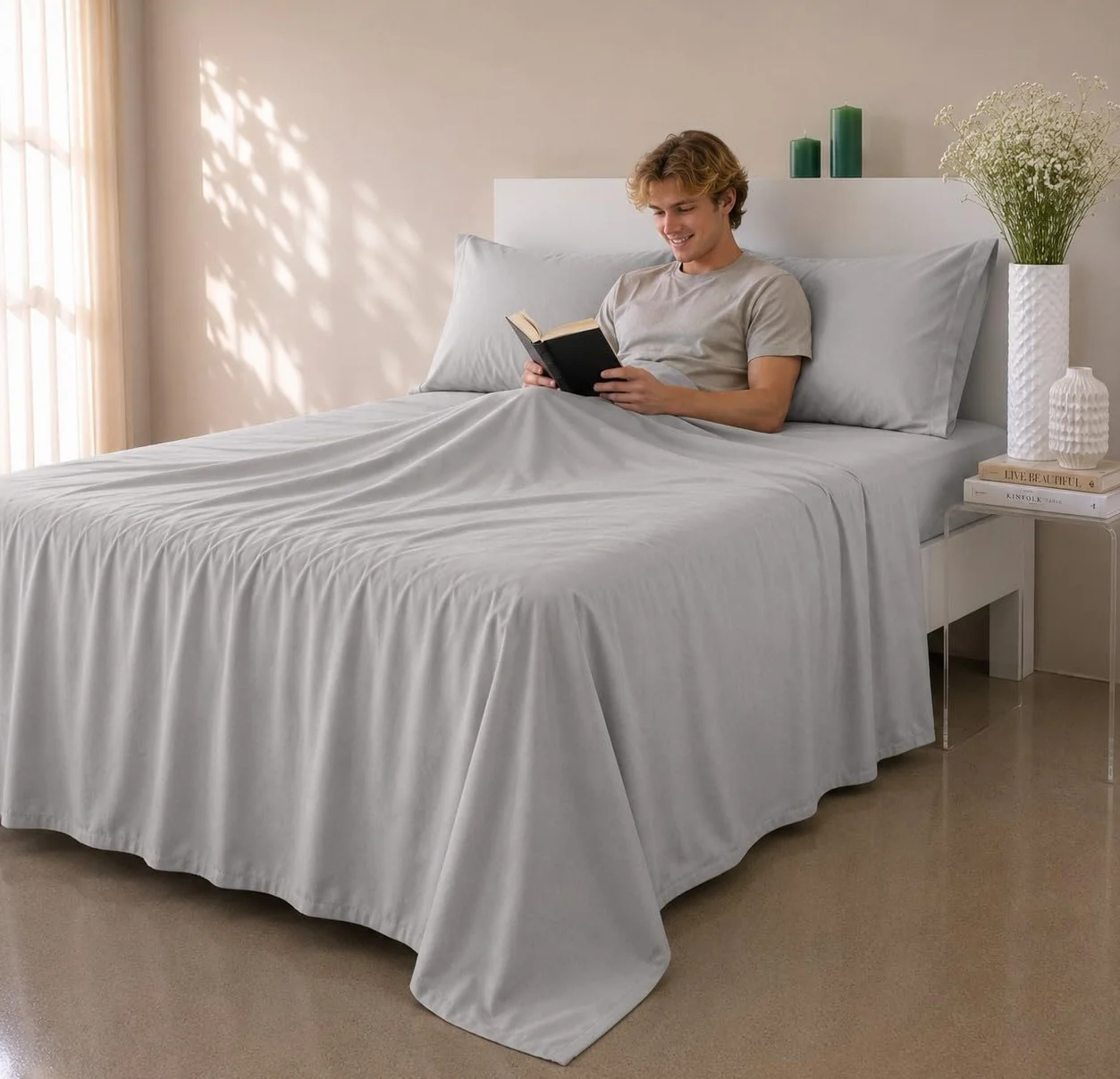COTTON ARTean Zestaw pościeli z egipskiej satyny bawełnianej DE 300 wątków szary perłowy łóżko 105 x 190/200. 100% bawełna egipska szary.