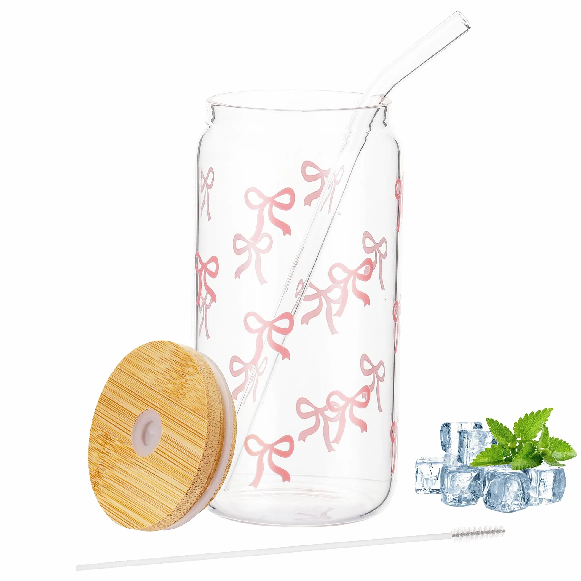 Hejo Bow Szklanka z Pokrywką i Słomką, 500 ml, Elegancki Kubek do Picia Pink Stuff, Szkło do Matchy z Aesthetic Clean Girl - Przezroczyste Naczynie do Kawy