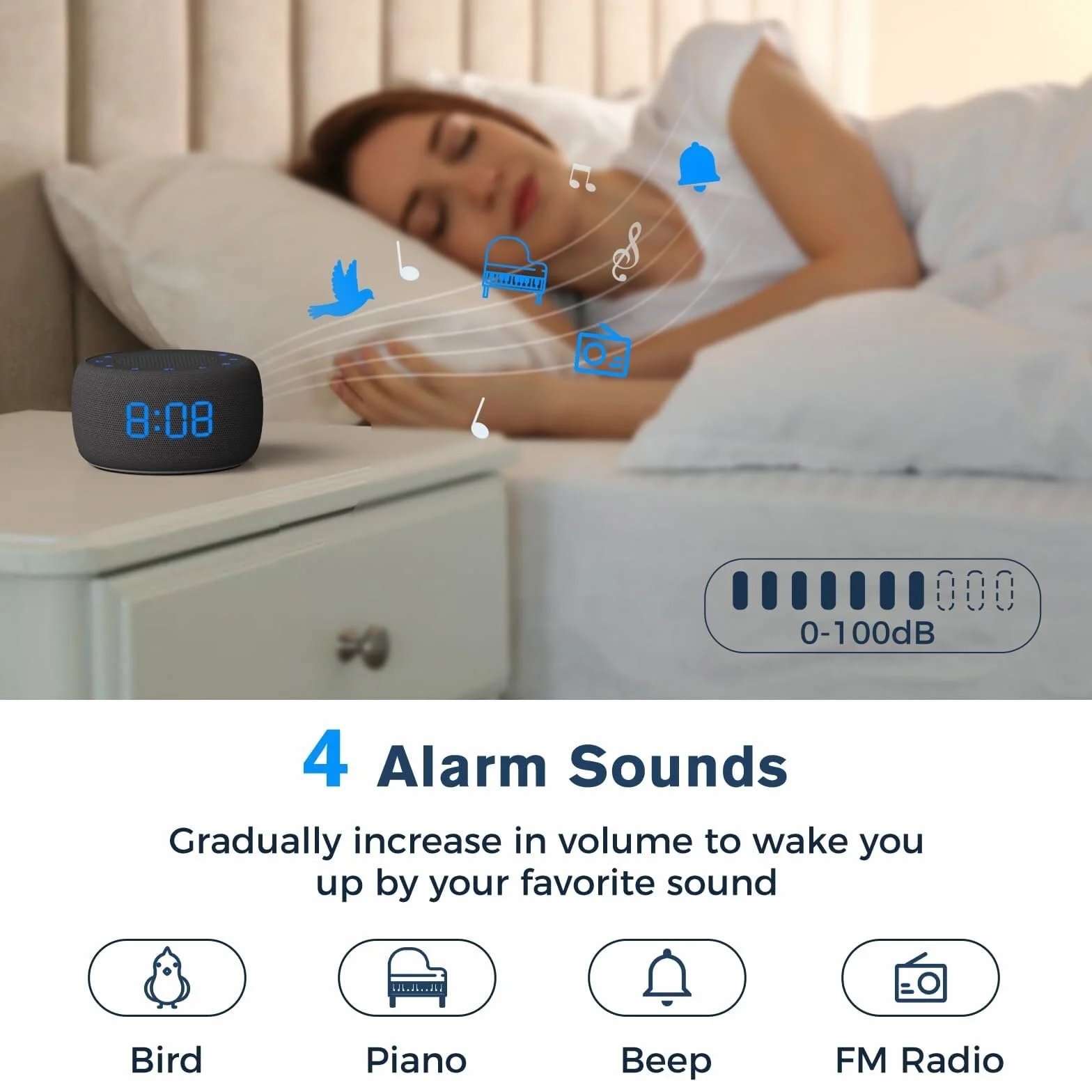 XJBTBA Bluetooth Gload Alarm z radiem, przezroczystą jakość dźwięku, przyciemnione wyświetlacz, odpowiedni sypialni budziki odpowiednie do kuchni, salonu lub biura (biały)