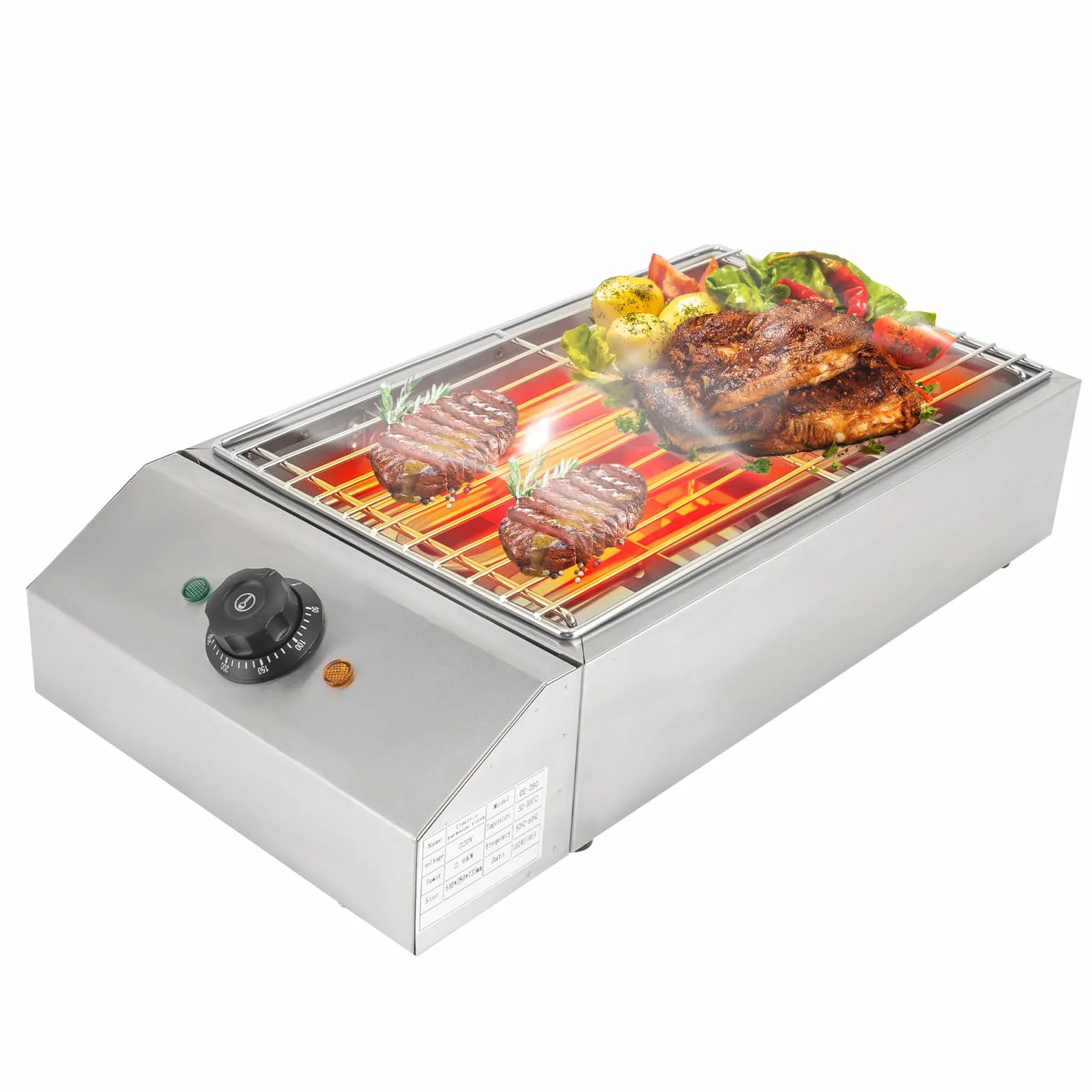 Elektryczny grill stołowy, 2,6 kW, z tacką ociekową oleju, 50-300°C, rozmiar rusztu 25,5 x 42,5 cm, niezależny ruszt do grillowania, zdejmowany