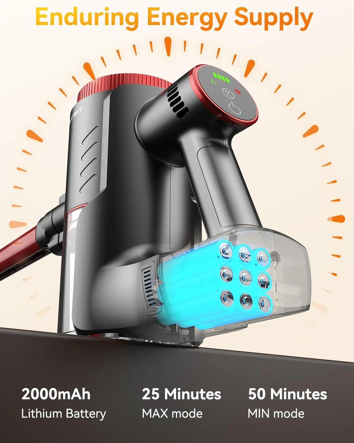 OLAYMEY Odkurzacz Bezprzewodowy 45KPa 200W 50Min 7w1 Autonomiczny Wolnostojący 1,5L Czerwony
