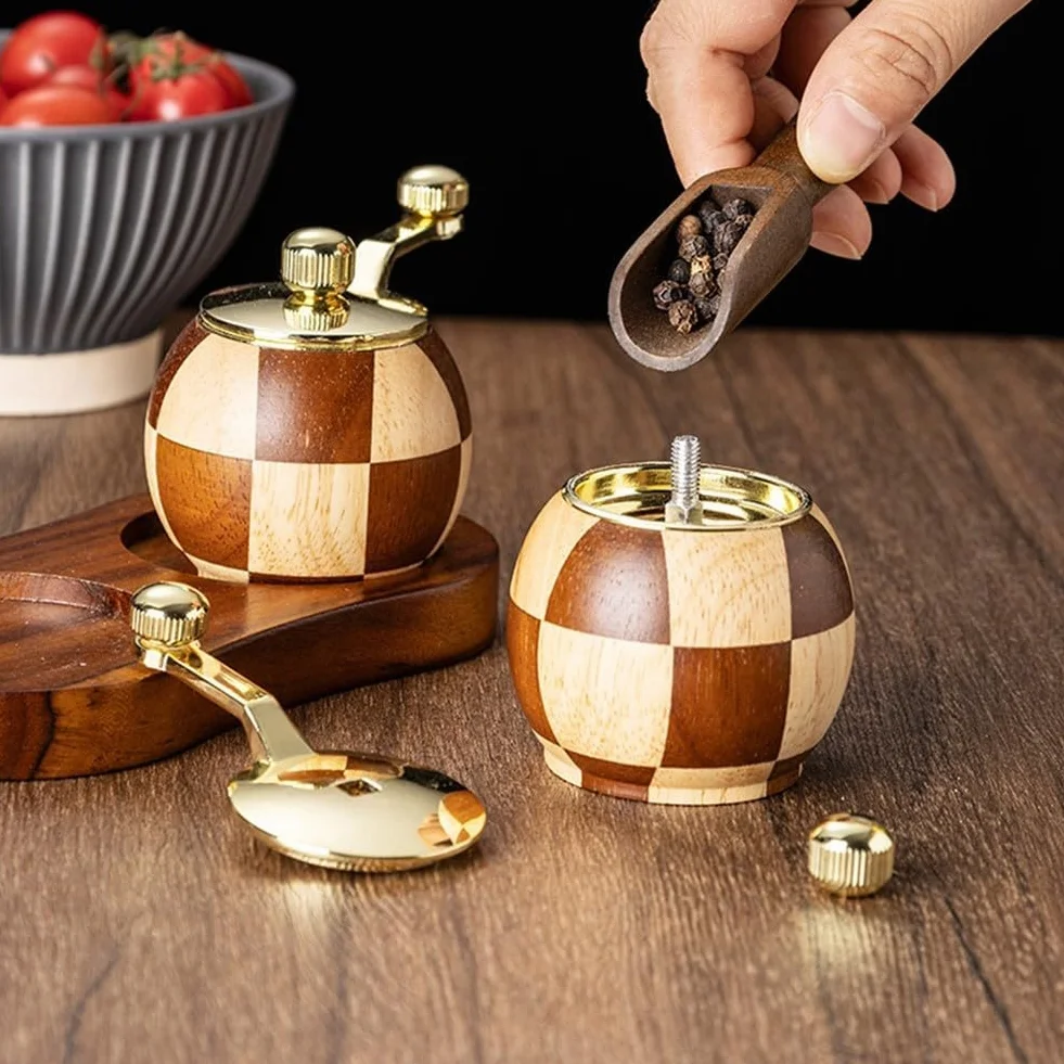 Drewniany zestaw młynków do soli i pieprzu, szachownica, ręcznie korbowany młynek do przypraw, kuchenny pojemnik na przyprawy z litego drewna z regulowaną grubością, do gotowania, domu, restauracji