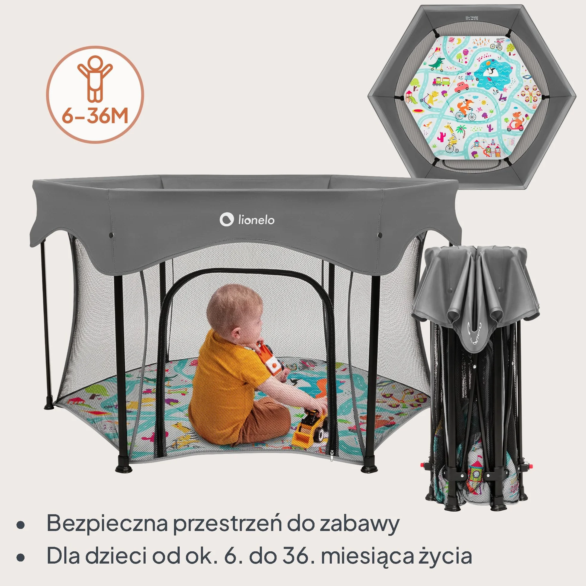 Lionelo Roel Plus Duży Kojec Dziecięcy z Siatką, Składany i Przenośny, Wejście Boczne na Zamek, Blokada LockGuard, Zaokrąglone Krawędzie, Miękkie Dno, Torba, Średnica 134 cm, 6–36 mies., do 15 kg