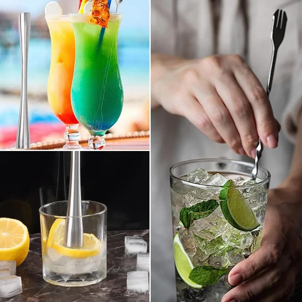 Tłuczek do koktajli, ze stali nierdzewnej, mojito, z miksowaniem koktajli, łyżką, młotkiem do robienia koktajli, mojito, soków, długość 26 cm (srebrny)