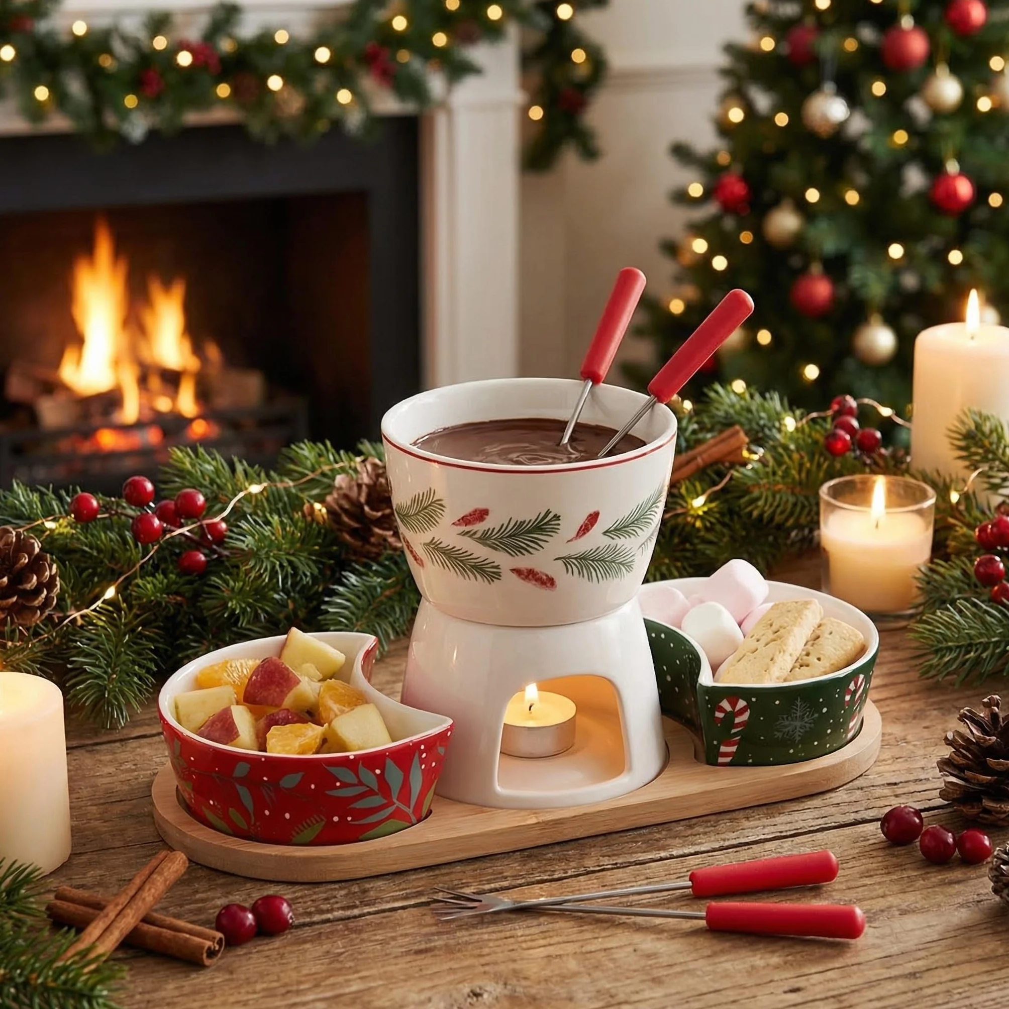 MIJOMA 6-częściowy zestaw do fondue bożonarodzeniowego – porcelanowe fondue z 2 widelcami, 2 miseczkami i drewnianą tacą – zimowy zestaw dekoracyjny i serwujący na świąteczne chwile rozkoszowania się