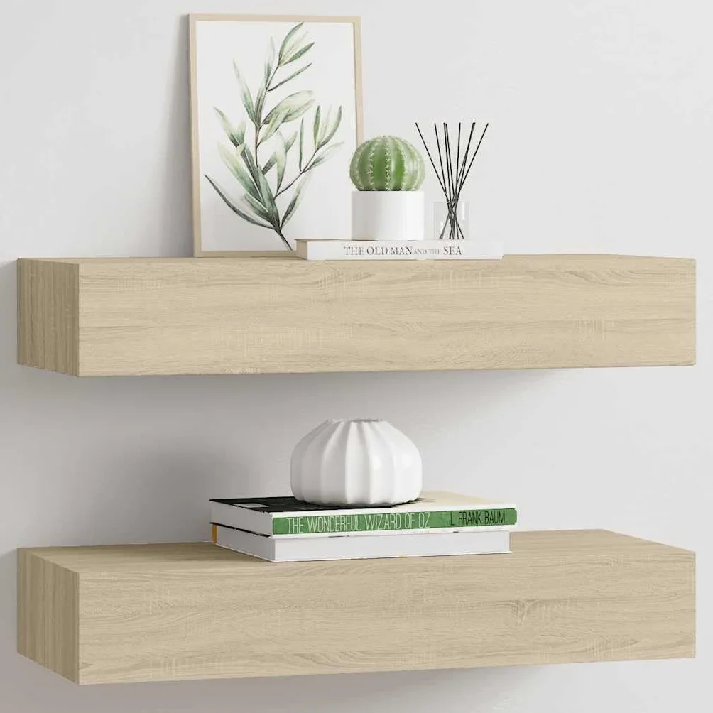 Regały ścienne z szufladami, 2 szt., wygląd dębu, 60 x 23,5 x 10 cm MDF, wiszące półki do montażu na ścianie, uniwersalna półka do salonu