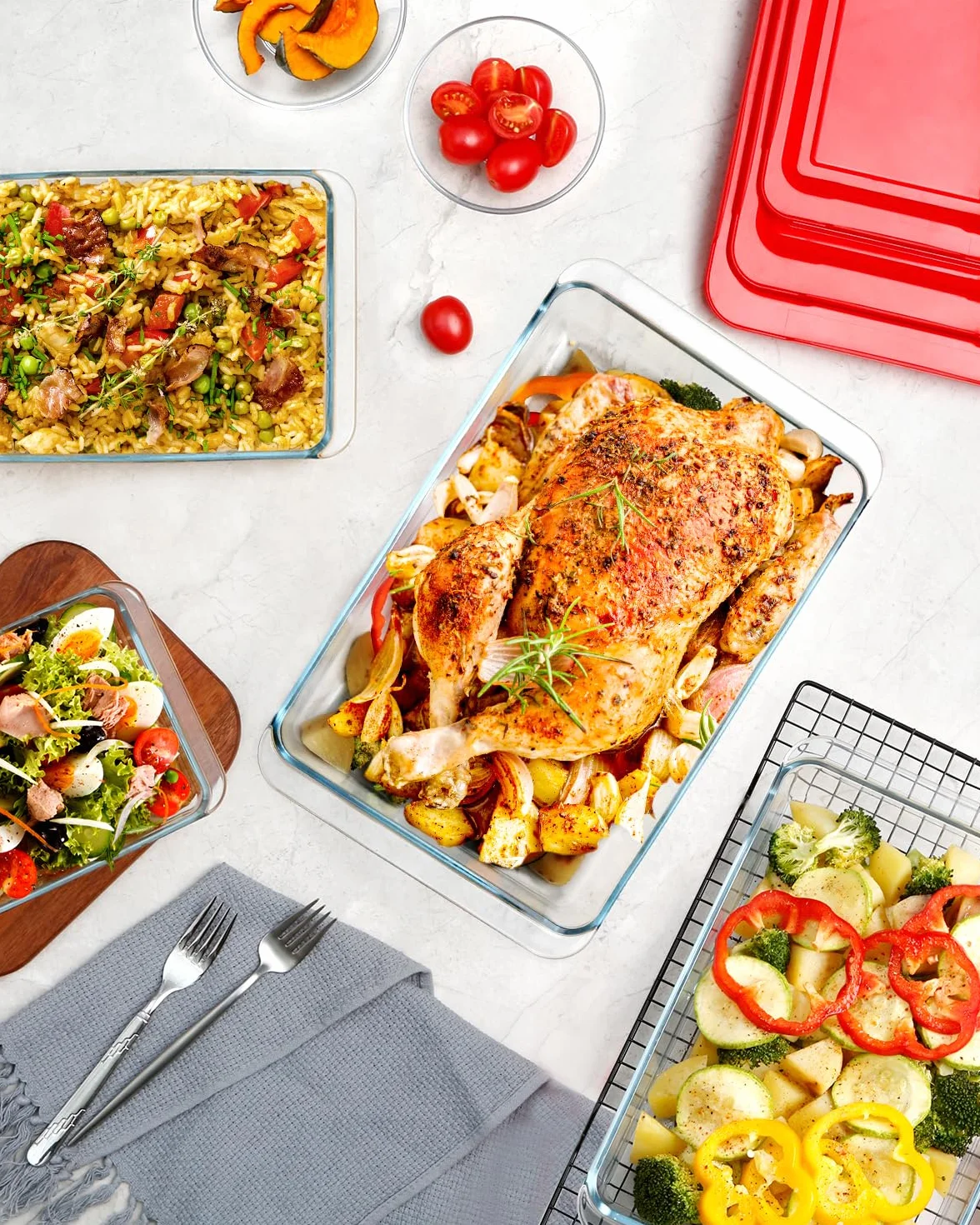 Zestaw 4 szklanych naczyń do pieczenia z pokrywkami, lasagne do piekarnika, prostokątne szklane naczynia do pieczenia (1,0 + 1,7 + 2,8 + 4,2 l)