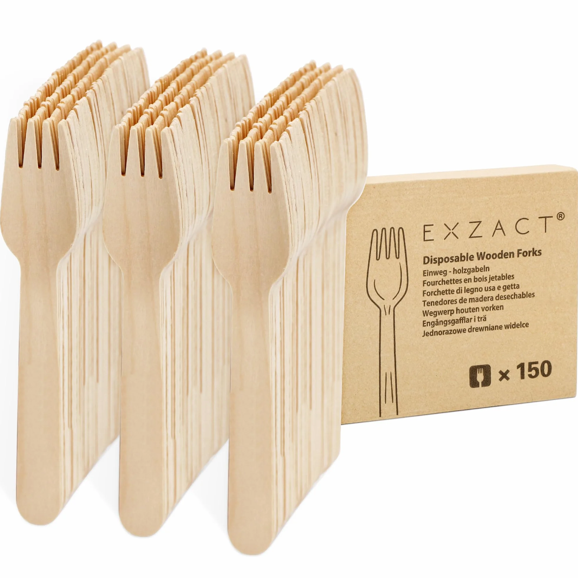 EXZACT Jednorazowe drewniane widelce 150 sztuk - nadające się do recyklingu - drewniane widelce na sztućce x 150, kemping, podróże i grill