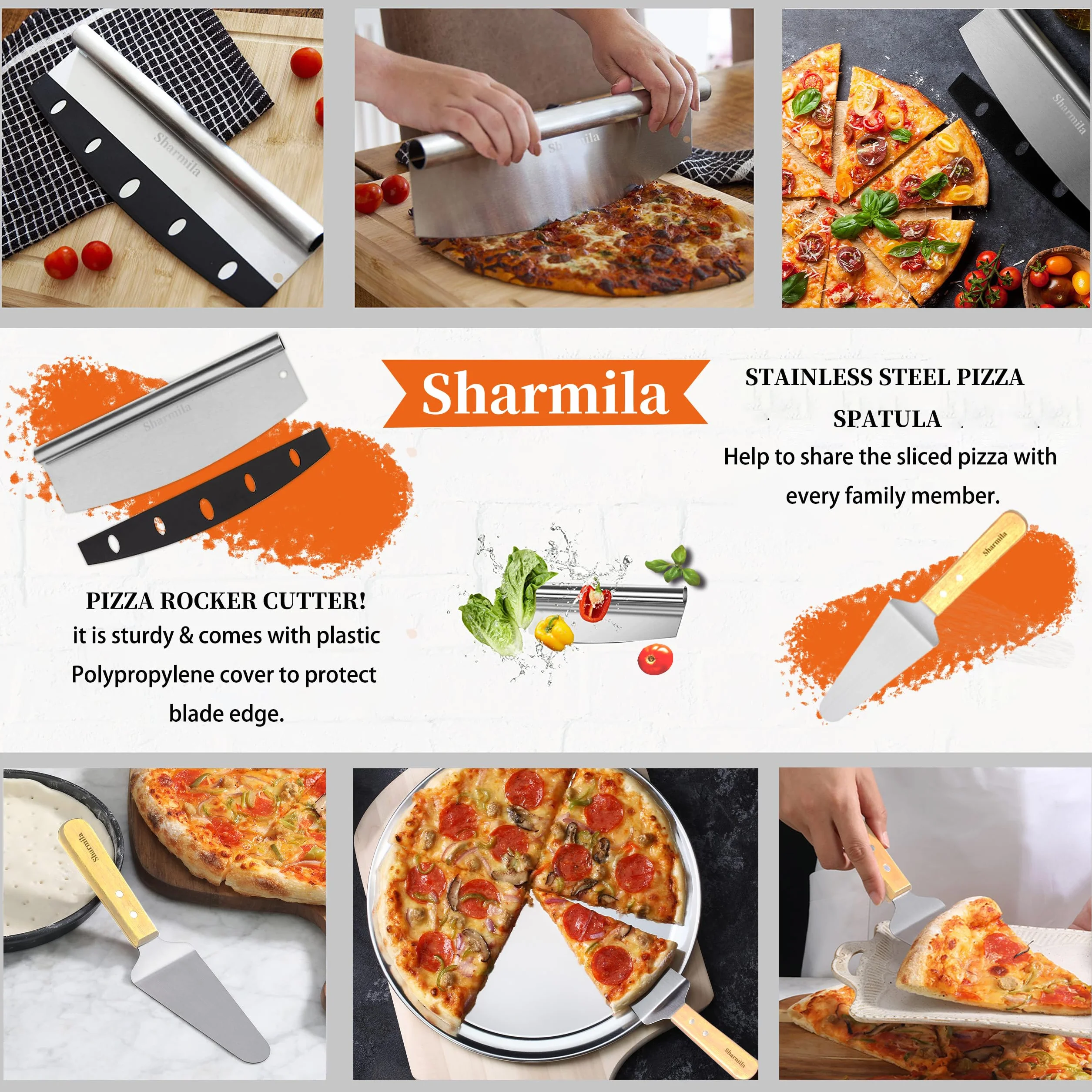 Sharmila Łopatka do pizzy 30 cm aluminiowa łopatka do pizzy ze składanym drewnianym uchwytem, nożem do pizzy i metalową szpatułką do pizzy - idealna do rodzinnego pieczenia pizzy, ciasta, chleba i