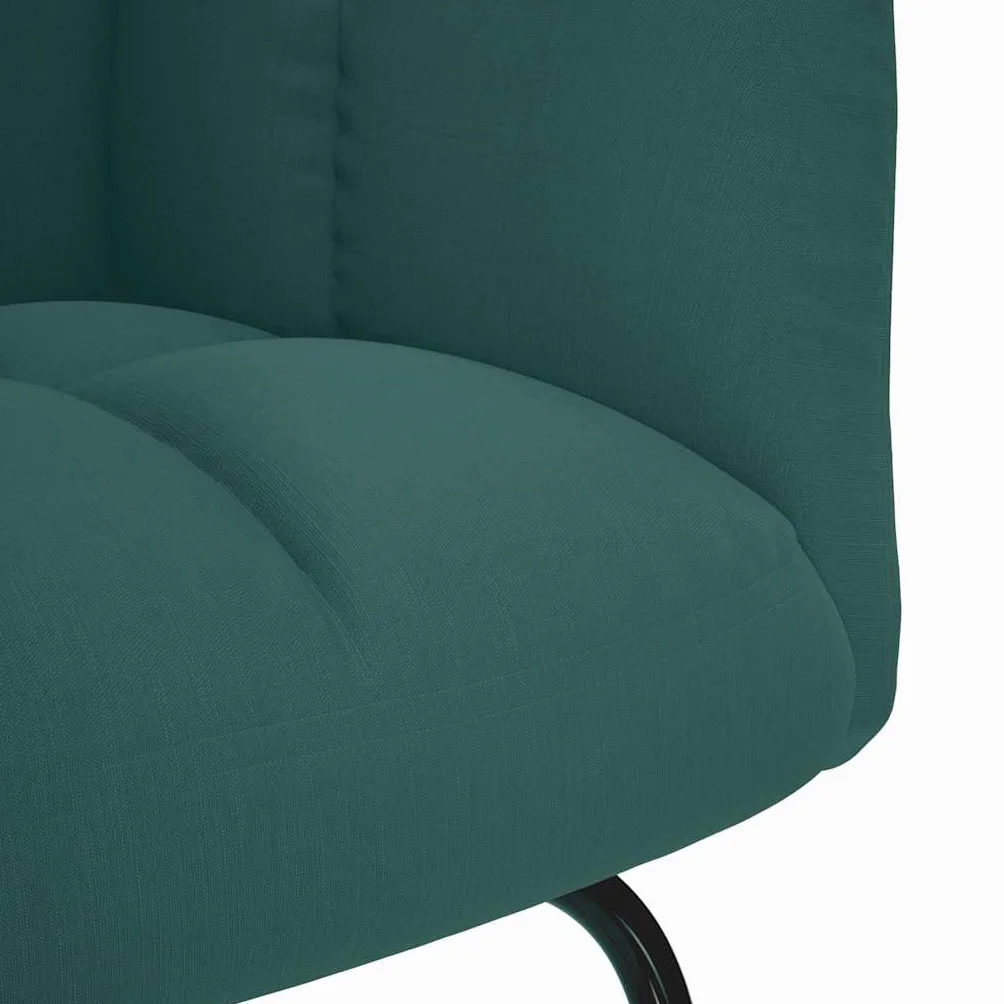 Fotel bujany z podnóżkiem, ciemnozielony materiał, tapicerowany podłokietnikiem i oparciem, ergonomiczny, drewniana rama, do salonu, na balkon, do pokoju dziecięcego, relaksu, czytania