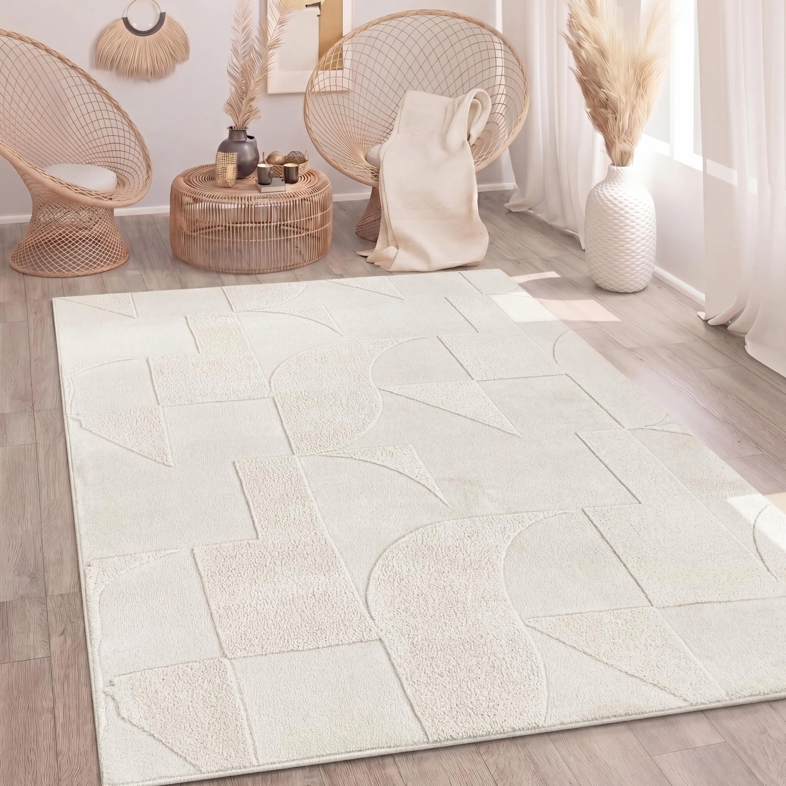 Paco Home Dywan Shaggy Dywan Do Salonu Skandynawski Boho Streszczenie Miêkka Zmywalny Kremowy, Rozmiar:160x220 cm