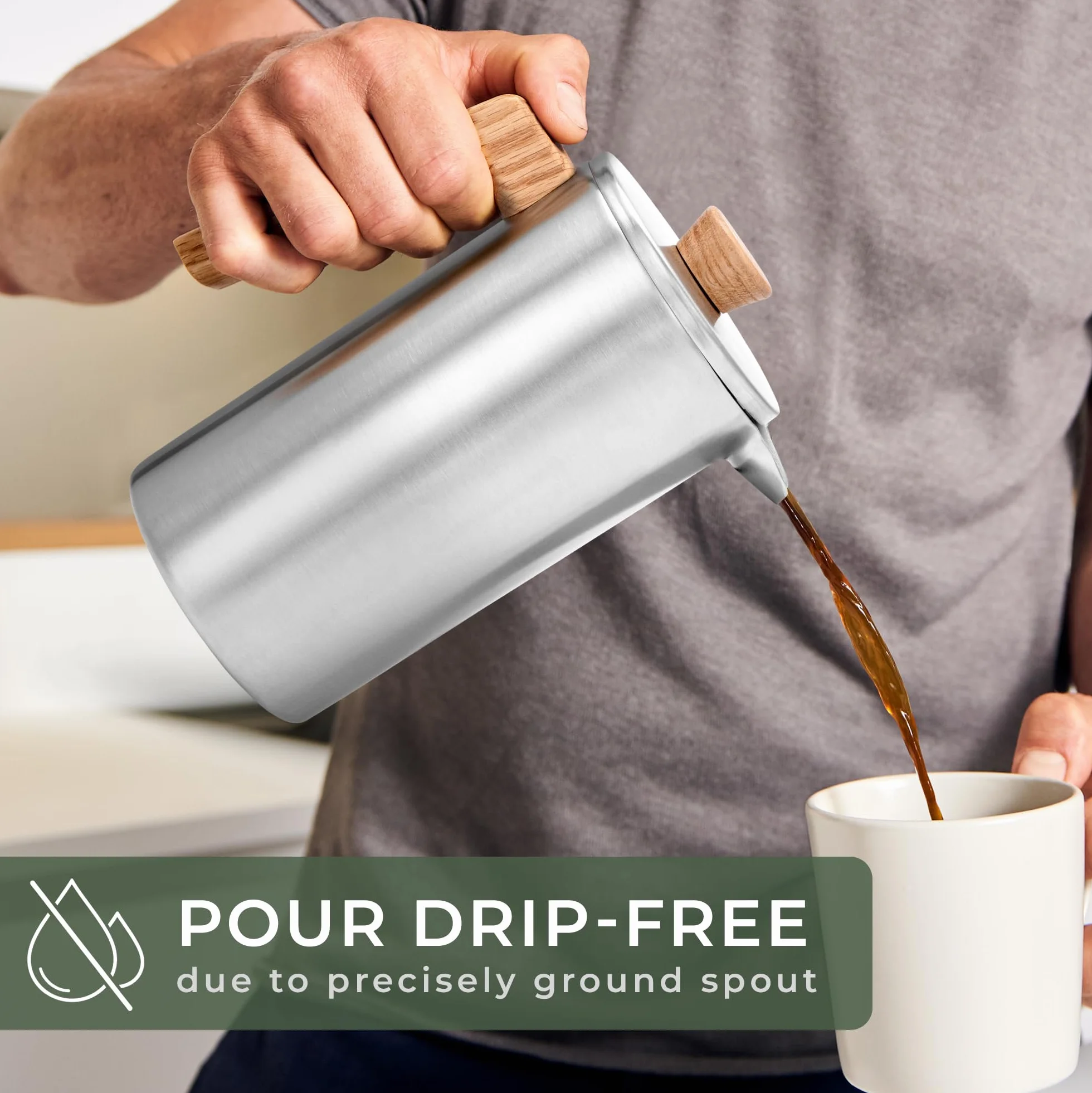 WALDWERK French Press (1L) - Kaffeebereiter aus ??doppelwandigem Edelstahl mit Holzgriff aus Eichenholz - plastikfreier Kaffeezubereiter