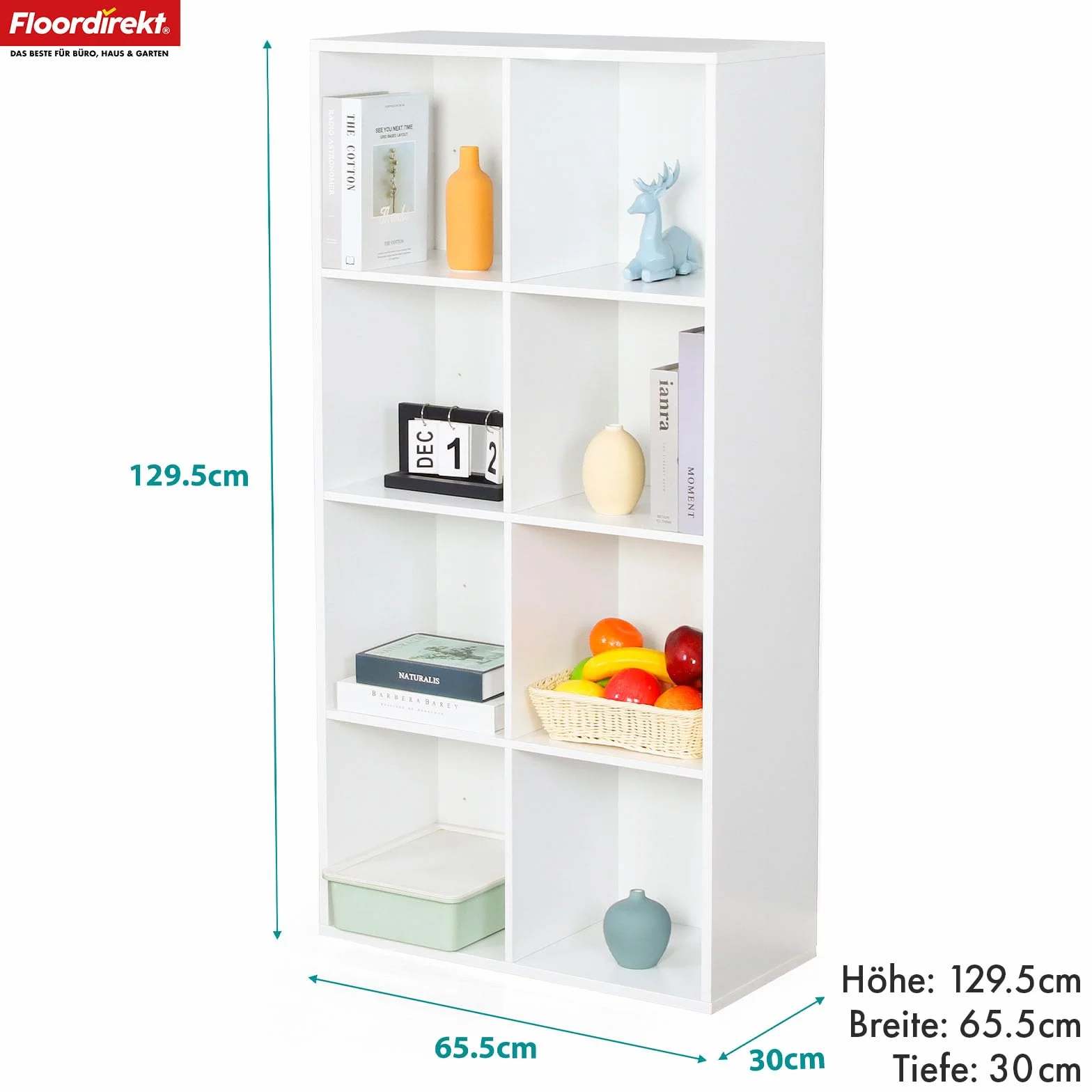 Floordirekt Regał na książki, biały z 8 półkami, regał w kształcie kostki, 30 x 65,5 szer. x 129,5 wys. cm, ścianka działowa do pokoju dziecięcego, salonu, biura i sypialni (Arkansas)