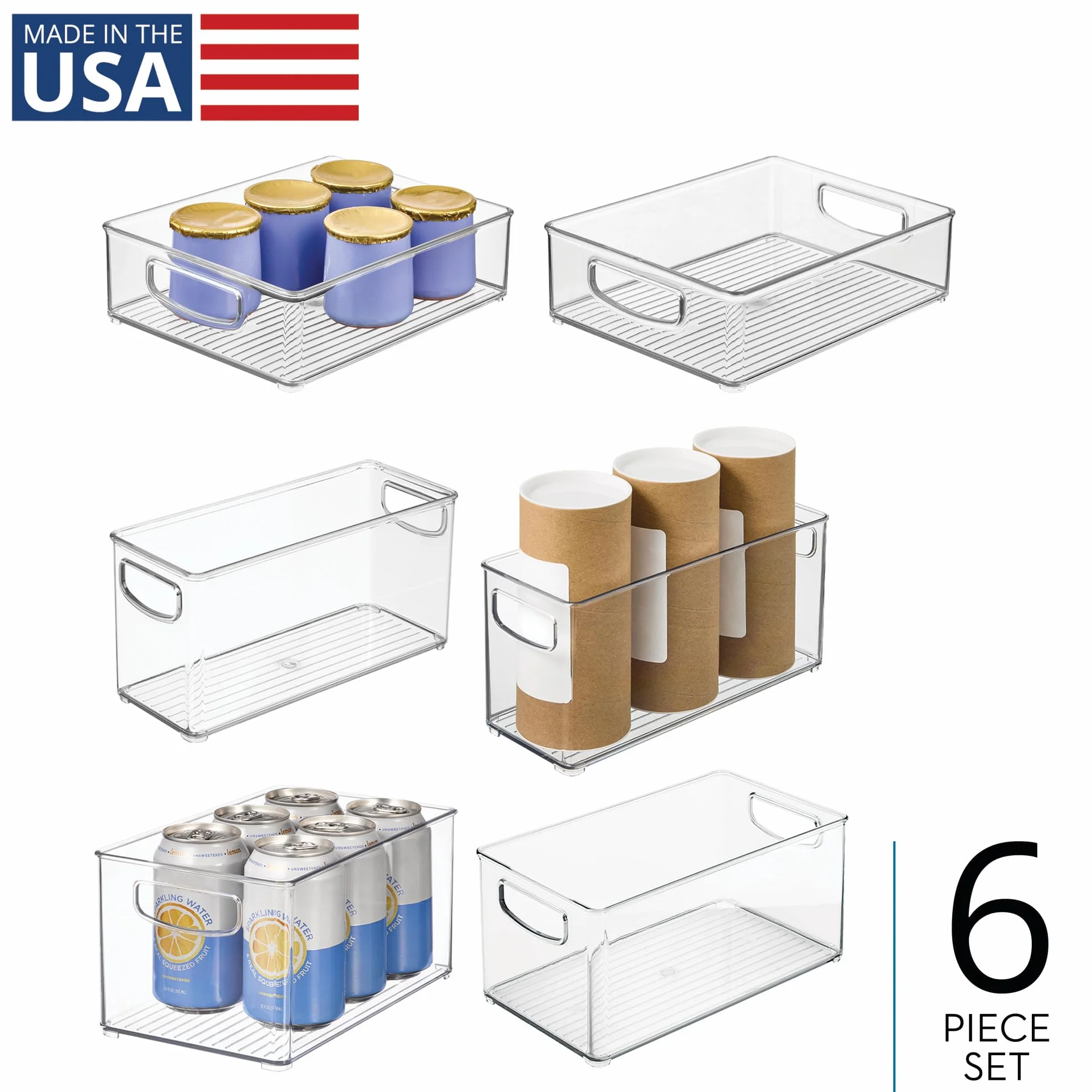 iDesign 6-częściowy organizer kuchenny z recyklingu, z tworzywa sztucznego, z wbudowanymi uchwytami, do kuchni, lodówki, zamrażarki, spiżarni i szafek, różne rozmiary, przezroczysty