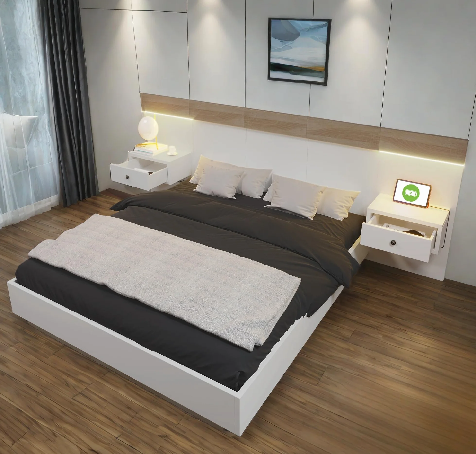 Sapgaks Łóżko 160 x 200 z listwami i głową, łóżko do bagażnika z 2 stolikami nocnymi LED i gniazdem USB, łóżko dla 2 osób z miejscem do przechowywania, podwójna rama, zestaw z białego dębu (bez