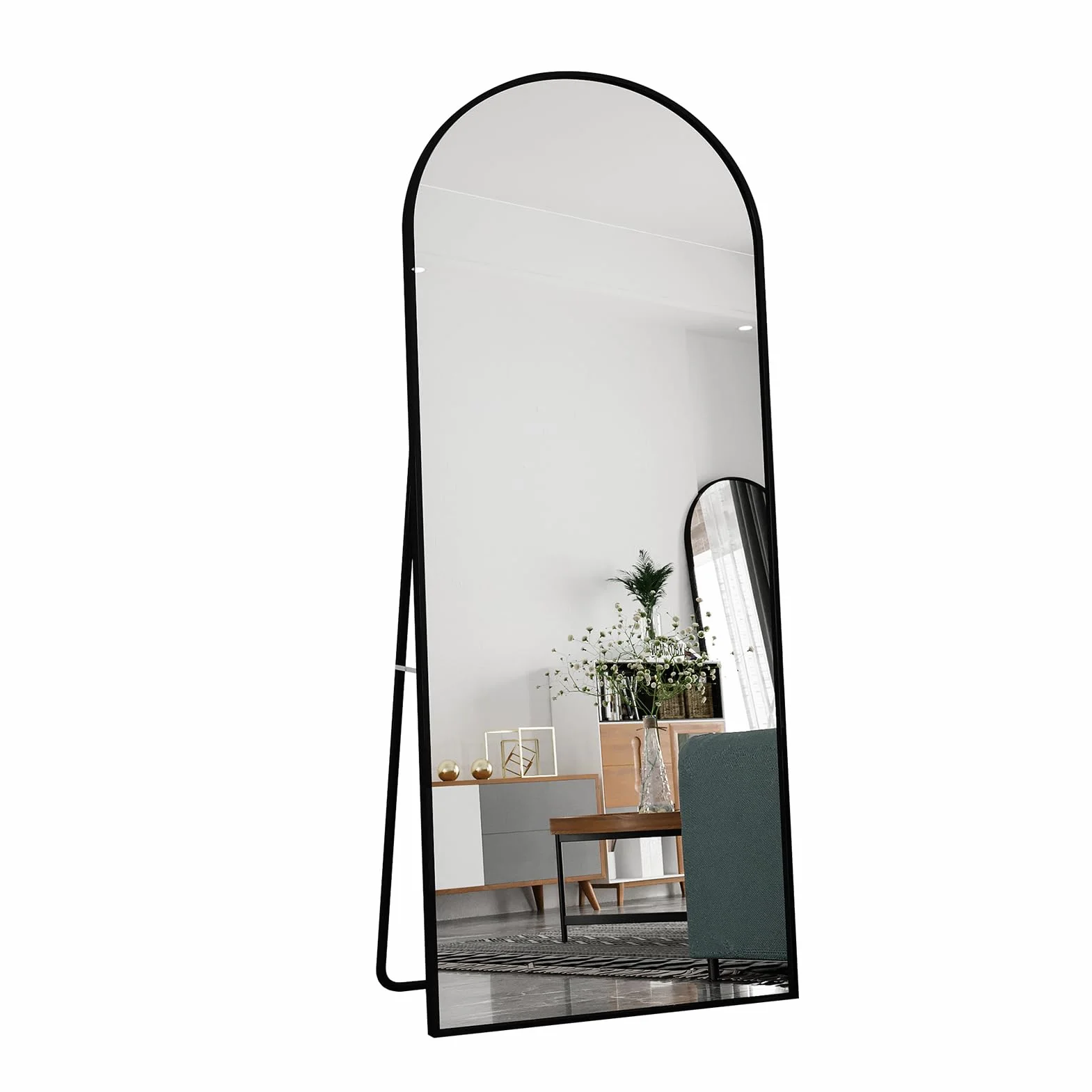 Lustro o pełnej długości, 180 x 80 cm, łukowate lustro Shpe, wolnostojące, duże lustro stojące ze stopu aluminium, do garderoby, przedpokoju, sypialni (czarne)