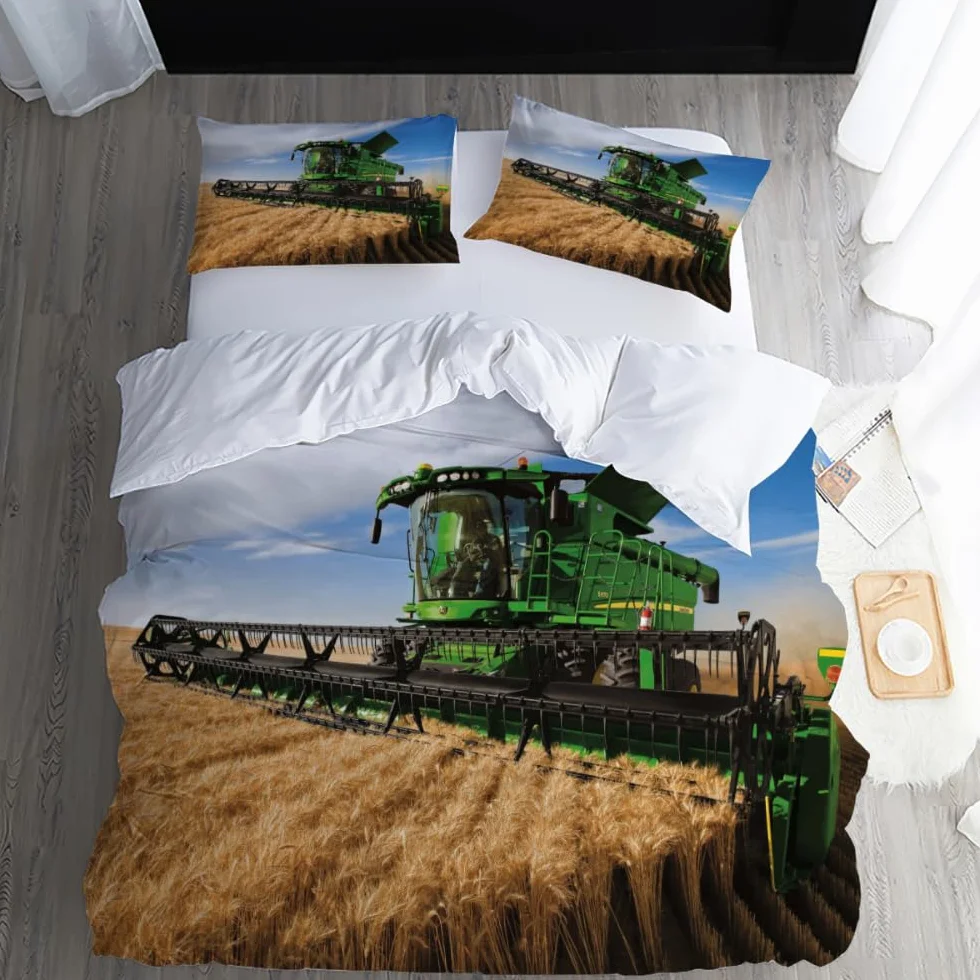 Zestaw pościeli 200 x 200 cm, 1-osobowa, ciągnik i kombajn, 3-częściowy zestaw do łóżeczka dziecięcego z 2 poszewkami na poduszki 50 x 75 cm, dla nastolatków, dzieci
