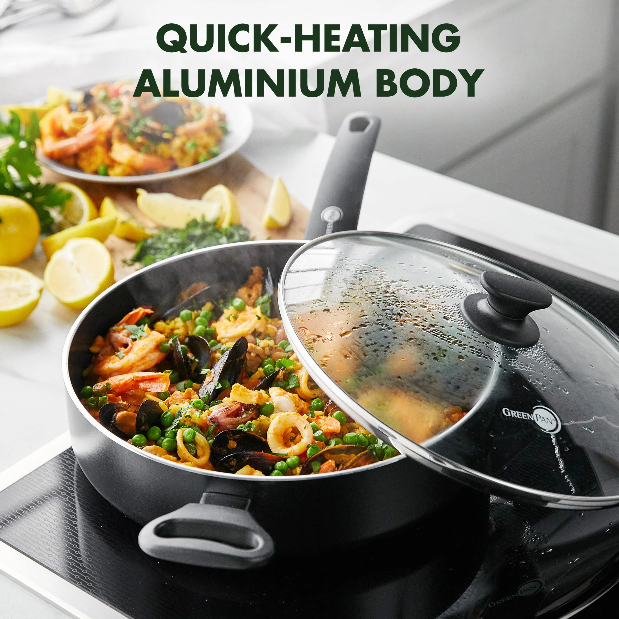 GreenPan Saute Pan with 2 Side Handles & Lid, Non Stick, Toxin Free Ceramic Skillet - Induction, Oven & Dishwasher Safe Cookware - 24 cm/3.1 Litre, Black