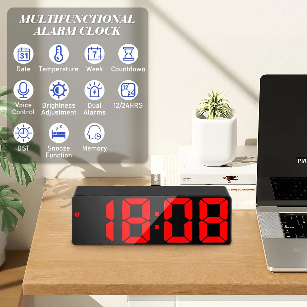 Flintronic Cyfrowy budzik, zegar LED z dużym wyświetlaczem, budzik nocny, zegar zasilany baterią, budziki z drzemką, temperatura, data, jasność regulowana dla domu, biura