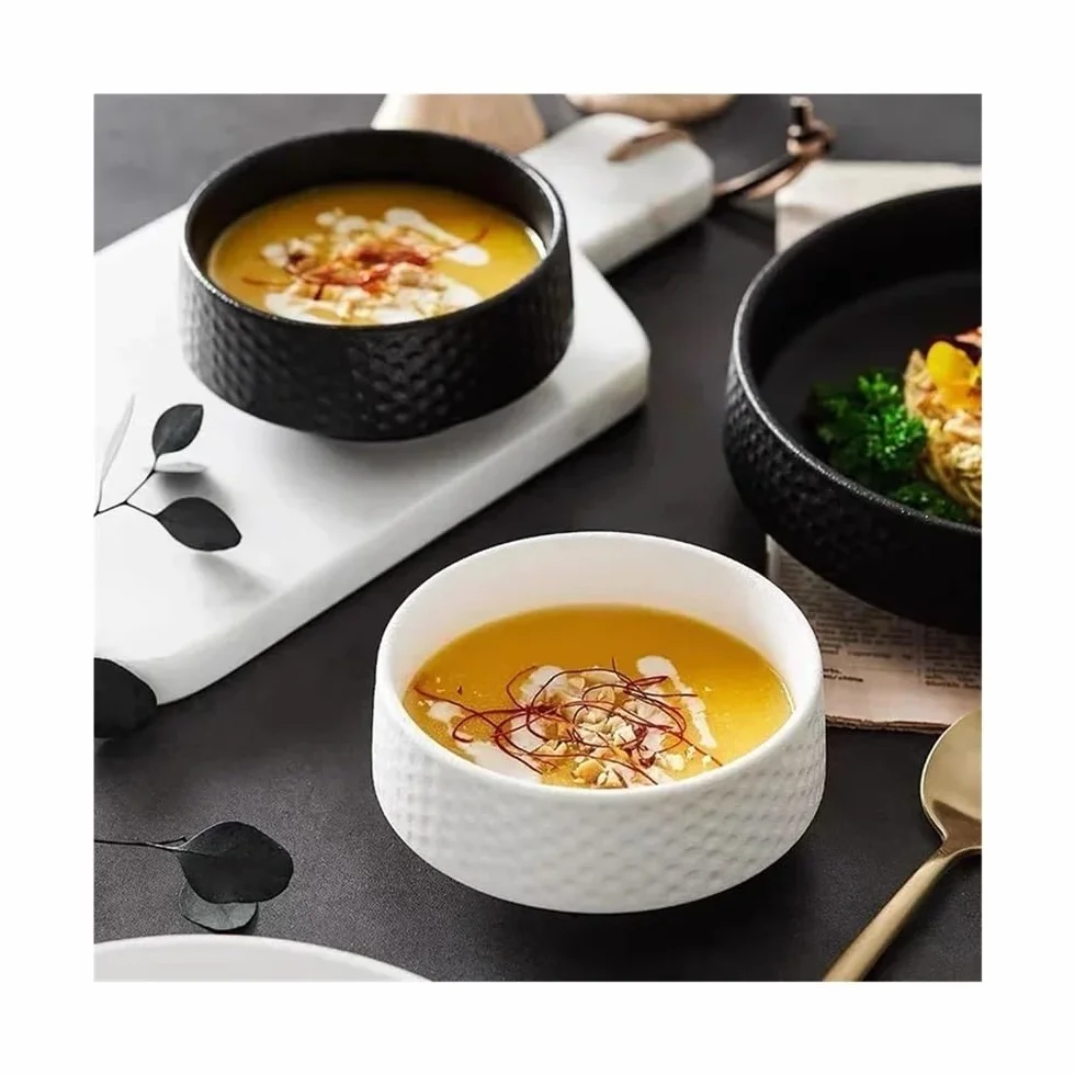 Talerze obiadowe, Kreatywna kuta ceramiczna miska z głębokim naczyniem - biały czarny okrągły talerz na sałatkę owocową sushi Zestaw obiadowy(White,20cm)