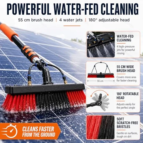 Pędzel słoneczny Pędzel do czyszczenia wód w wodzie Fed Carbon Fiber Pole 180" Rotatable Head Soft Bristles for Rooftops Windows Windows Bezziemny zasięg Efficieber Bez szorowania Nie jest potrzebna