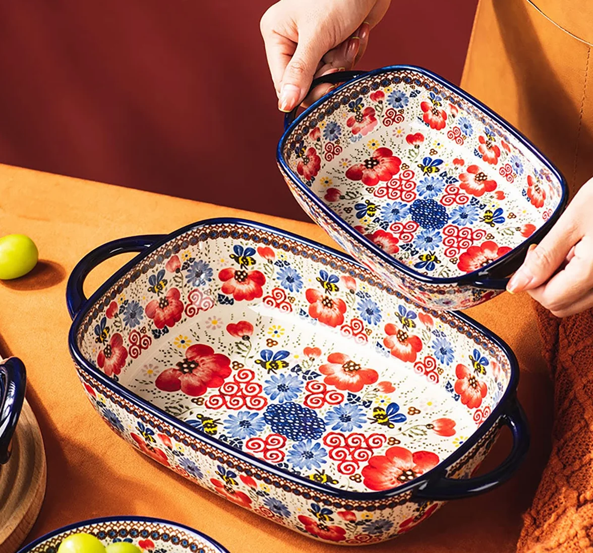 Ceramiczne naczynia do pieczenia w stylu vintage kwiaty patelnia do pieczenia lasagne patelnie do pieczenia z uchwytami do piekarnika/gotowania / kuchni - 1 szt. - czerwone kwiaty - 1700 ml