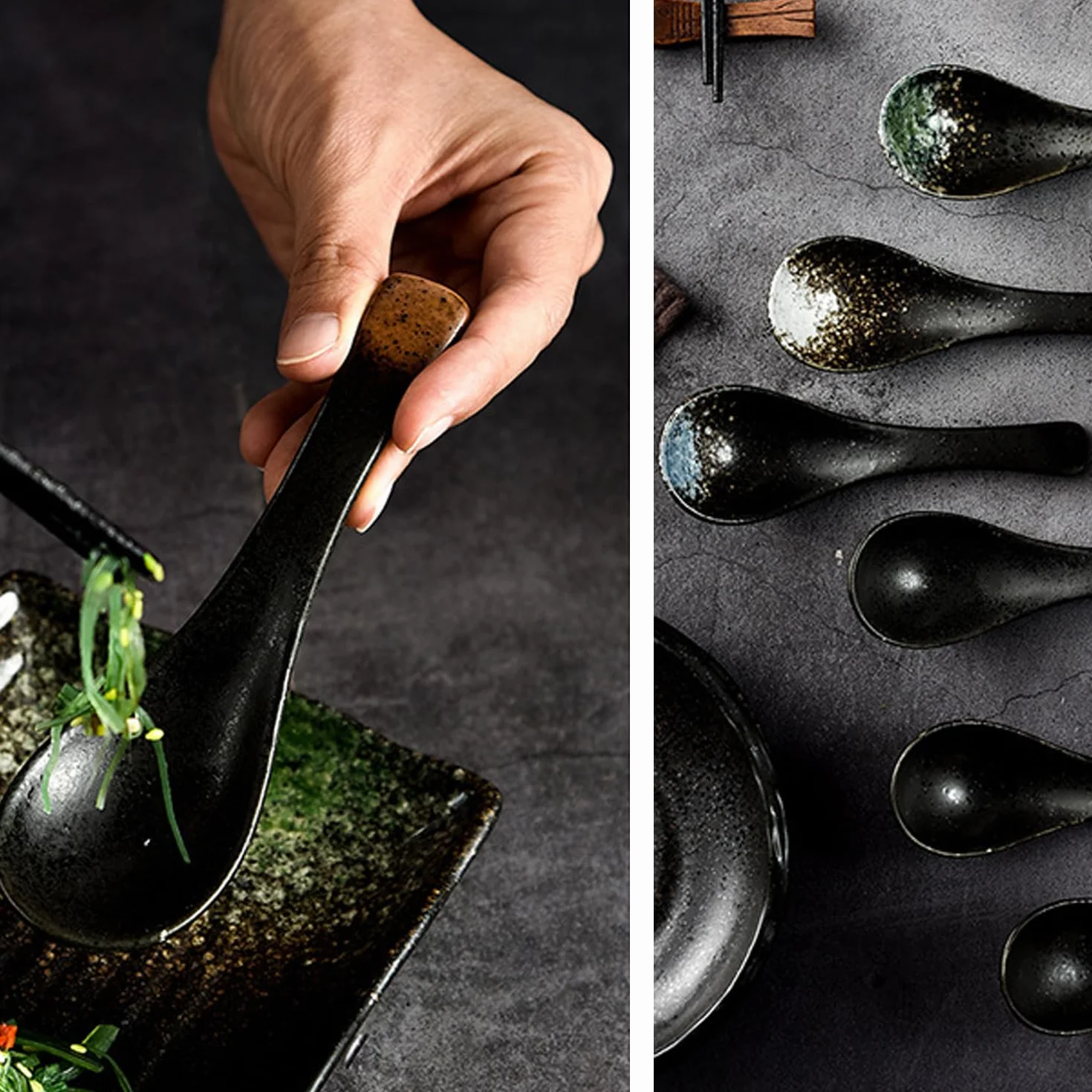 5 sztuk ceramicznych łyżek, retro chińskie łyżki do zupy ramen japońskie łyżki do zupy, azjatycki ramen makaron sztućce, sztućce do gospodarstwa domowego, łyżka do zupy (czarne)