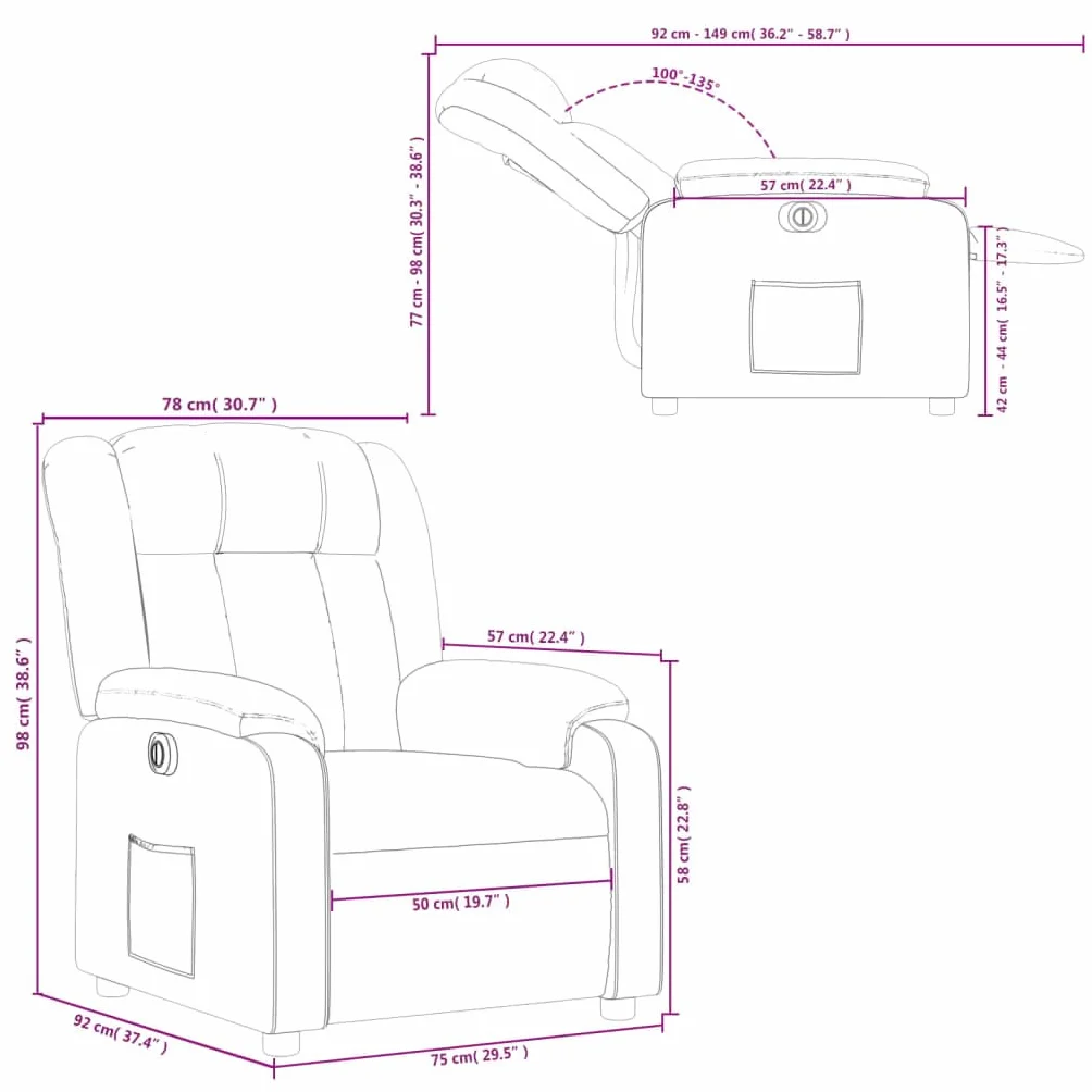 Fotel relaksacyjny, elektryczny, jasnoszary, materiał z funkcją leżenia, regulowany, wygodne siedzisko z podłokietnikami, metalowa i drewniana rama, ergonomiczny do salonu, kącika do czytania