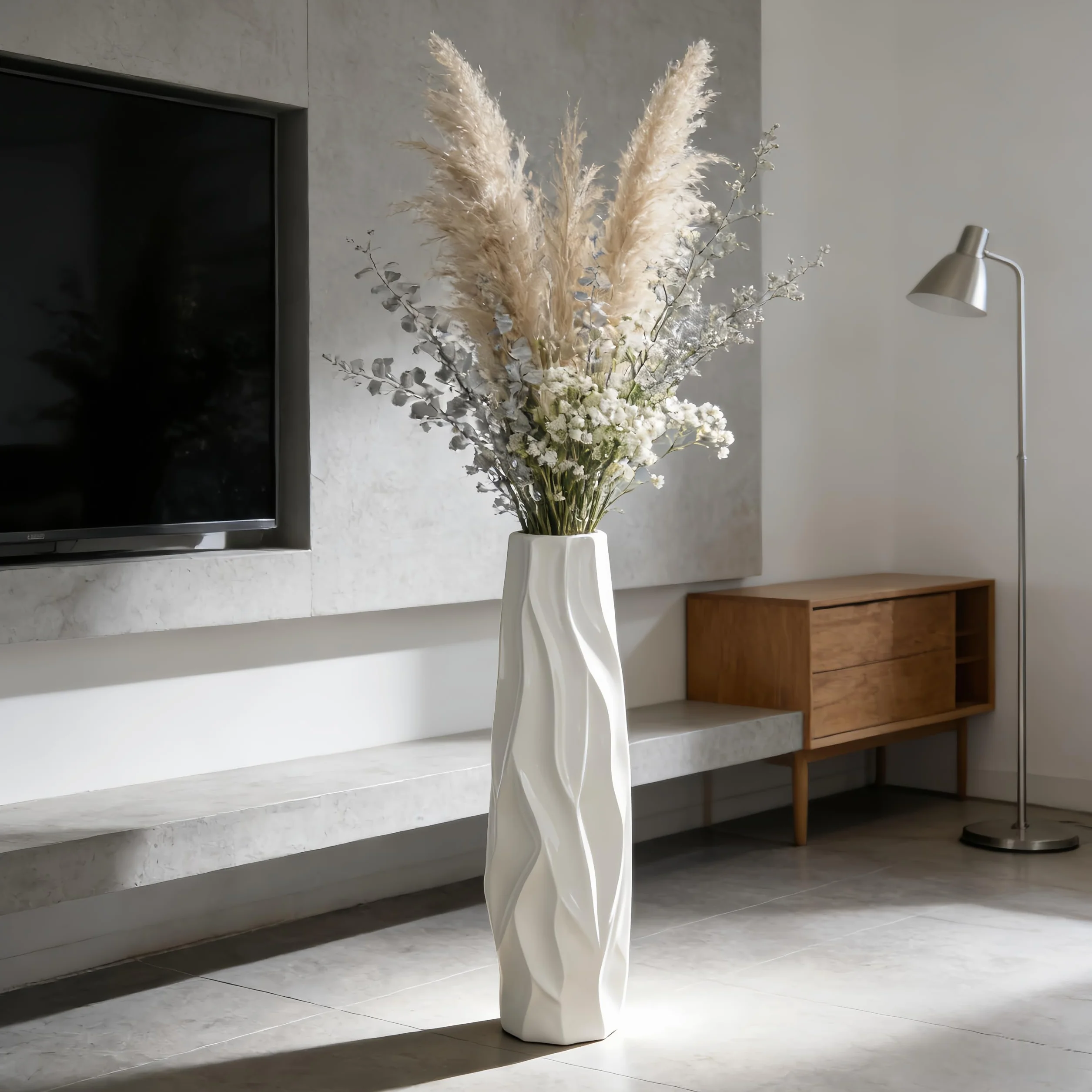 Duży biały wazon ceramiczny, 60 cm, dekoracyjny wazon podłogowy do salonu, biura i sypialni, stylowy wazon na kwiaty na trawę pampasową