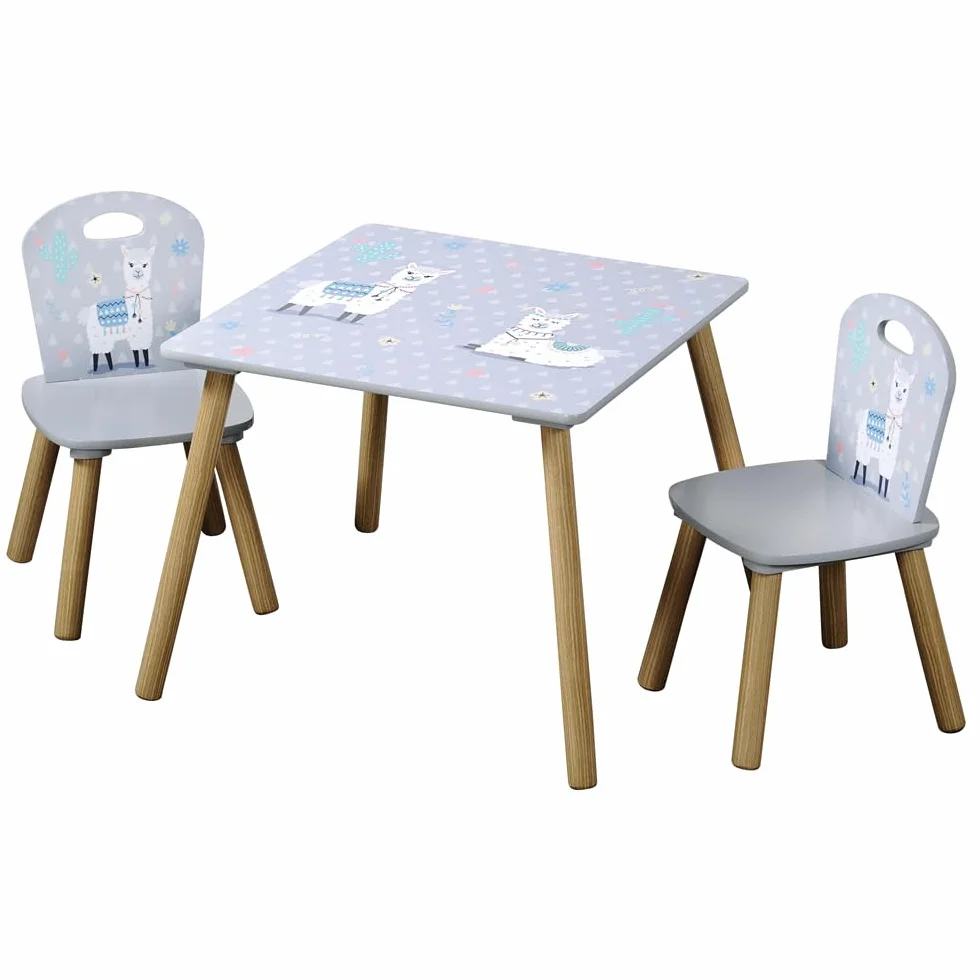 Kesper | stolik dziecięcy z 2 krzesłami, materiał: płyta pilśniowa, wymiary: 55 x 55 x 45 cm, motyw: alpaka, kolor: szary | 17702 13