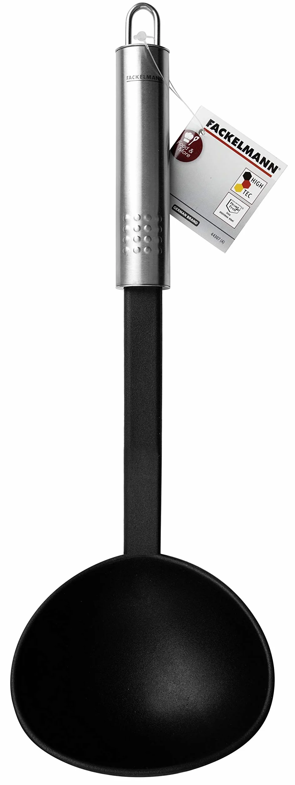 Fackelmann chochla 30 cm, owalna, praktyczna łyżka do zupy z tworzywa sztucznego z ergonomicznym uchwytem ze stali nierdzewnej, pomocnik kuchenny do gotowania (kolor: srebrny/czarny), ilość: 1 sztuka