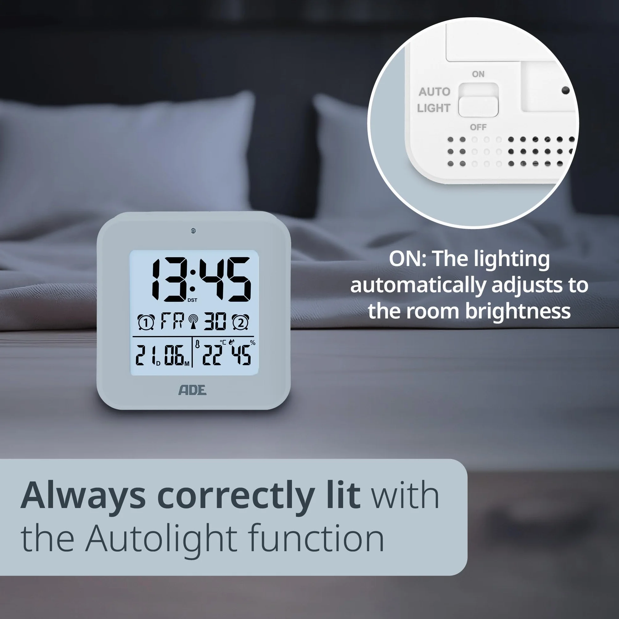 ADE budzik radiowy cyfrowy z baterią | 2 czasy budzenia | wyświetlacz temperatury | wilgotność powietrza | budzik podróżny | zegar radiowy z sygnałem czasowym DCF | funkcja drzemki | kolor biały