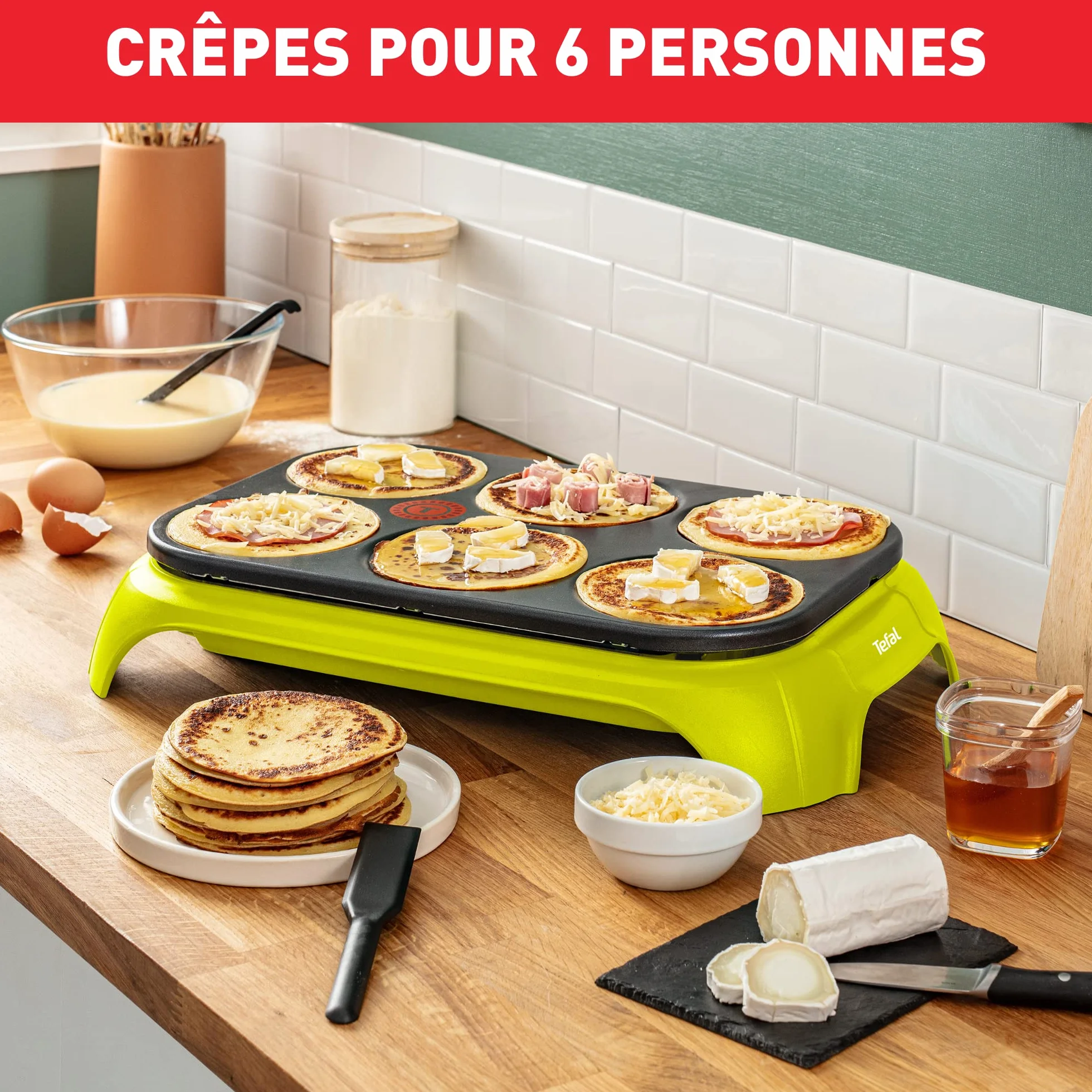 Tefal PY5593 Crep'Party Colormania Crêpemaker | Płyta z 6 Zagłębieniami do Naleśników | Wskaźnik Temperatury Thermo-Spot | w Zestawie 6 Szpatułek i Jedna Łyżka | Żółty/Czarny