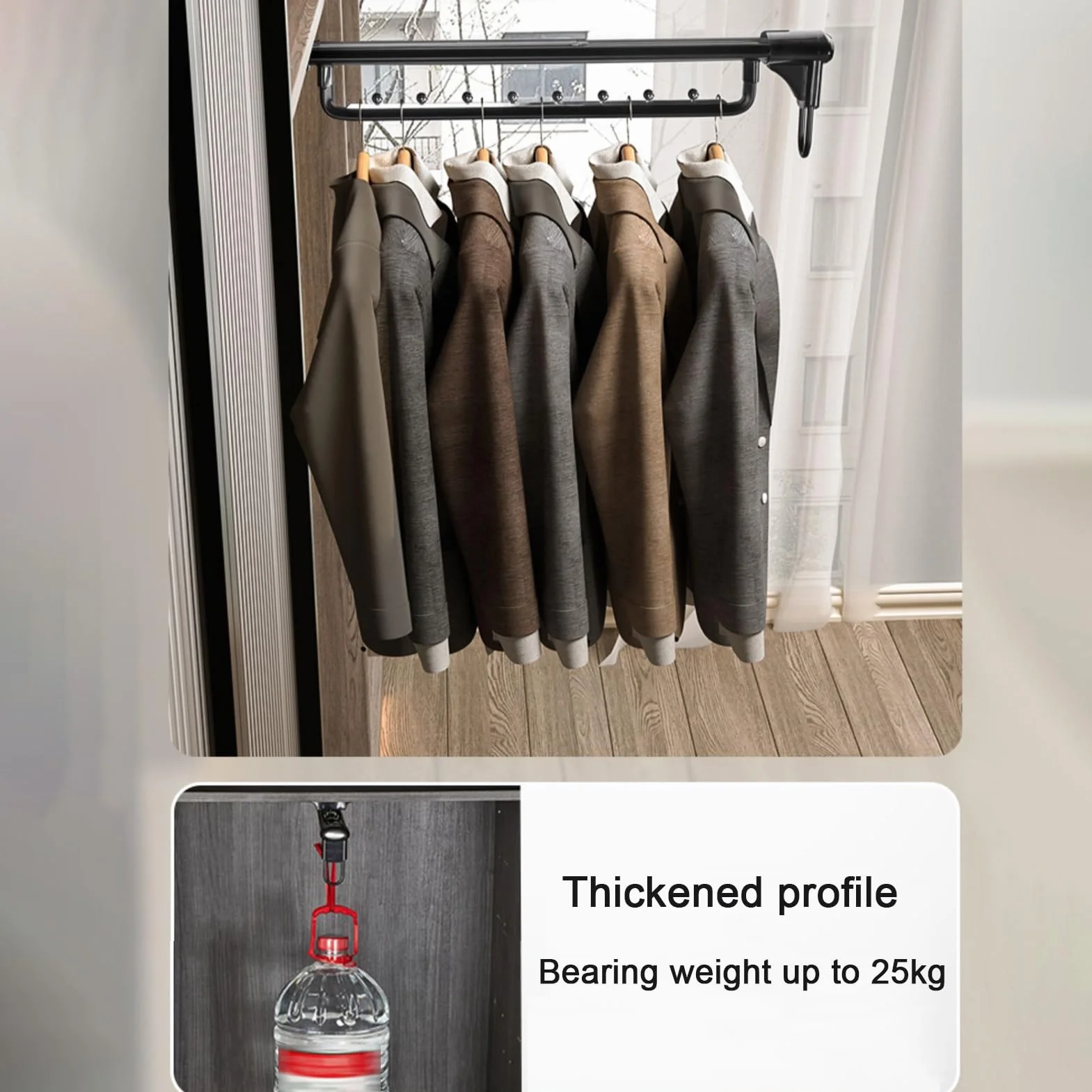 Wieszak Na Ubrania Wysuwany Do Szafki, Drążek Do Zawieszania Typu Push-Pull, Tłumik Drgań Z Kulką, Stop Aluminium, Łożysko 25 Kg, Biały, 35,6 Cm