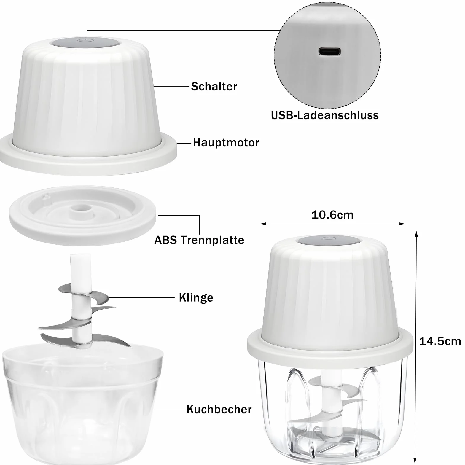 Elektryczna szatkownica do cebuli, rozdrabniacz do warzyw, mikser wielofunkcyjny, 400 ml, pojemnik roboczy z kablem do ładowania typu C, do mięsa, cebuli, czosnku, orzechów (biała)