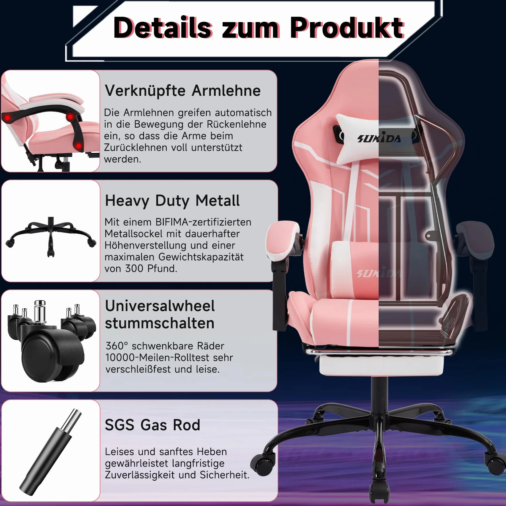 SUKIDA Ergonomiczny fotel do gier z podnóżkiem Różowo-biały