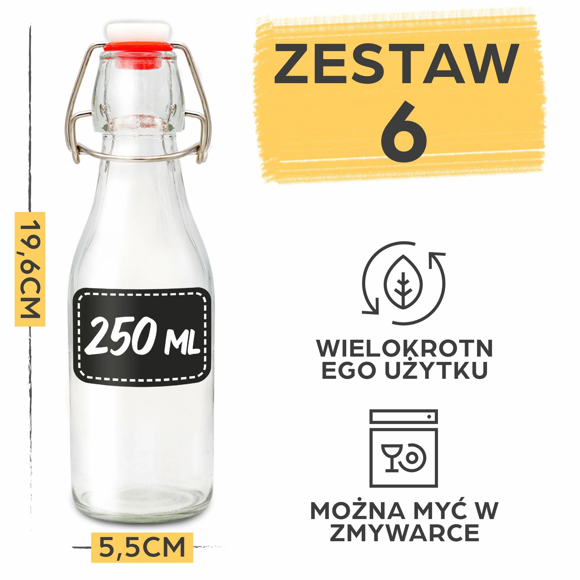 6 szklanych butelek z zamknięciem pałąkowym 250 ml – 6 dodatkowych uszczelek w zestawie 12 etykiet z pisakiem