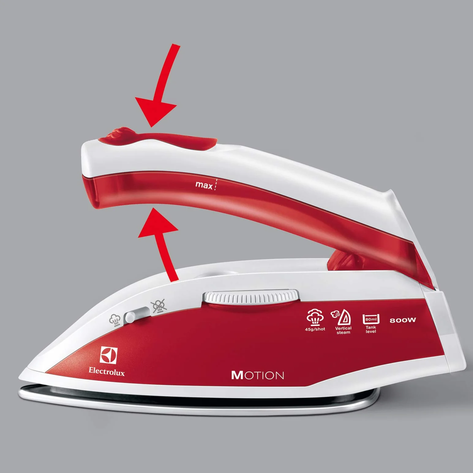 Electrolux Żelazko turystyczne 800 W, Zmienna i stała para wodna, Ergonomiczny składany uchwyt,Stopa żelazka ze stali nierdzewnej,45gr wyrzut pary,60 ml zbiornik na wodę,1,9 m przewód,EDBT800,Czerwony