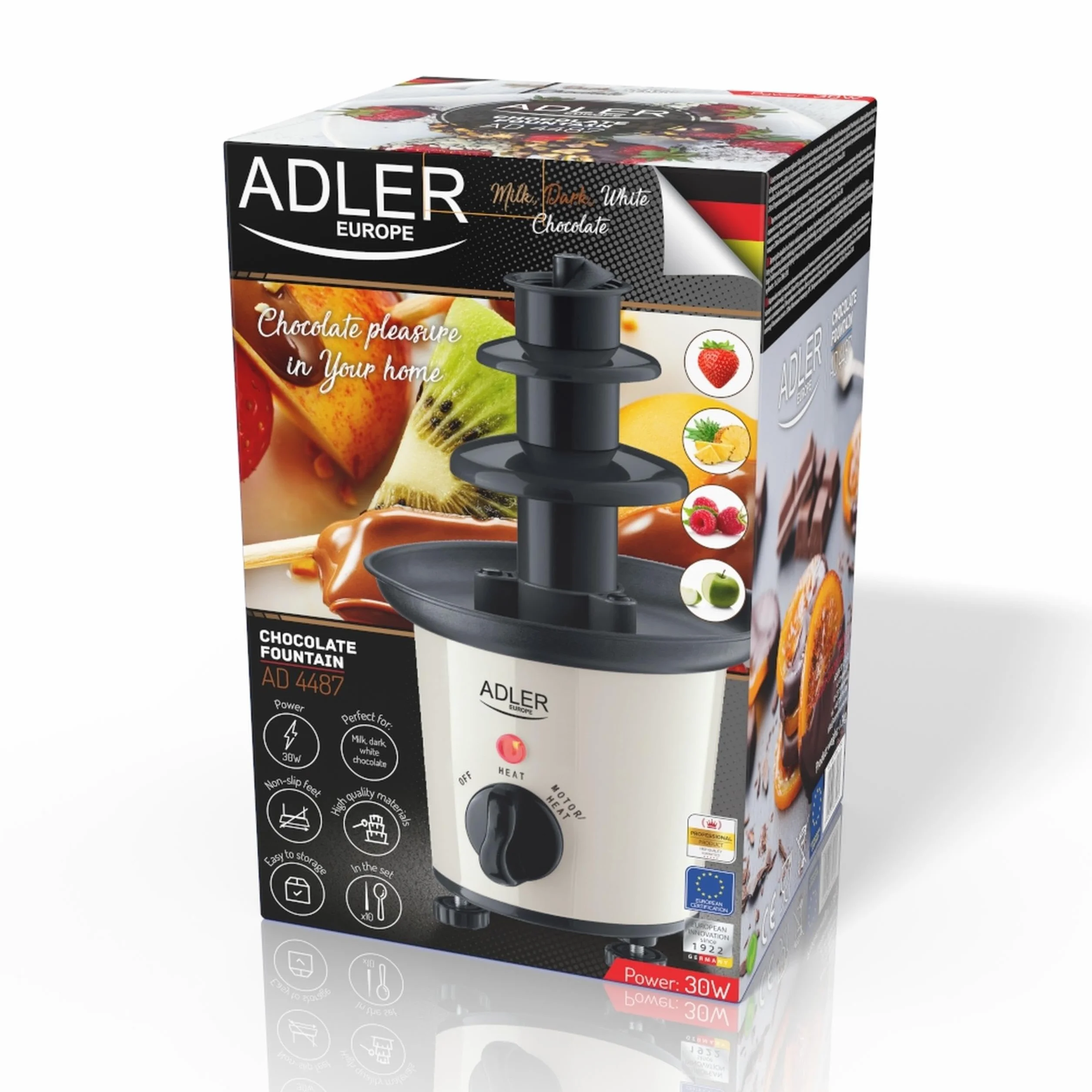 Adler AD 4487 Fontanna do Czekolady 200ml z Patyczkami, Moc 30W, Regulowane Podgrzewanie, Stabilna Konstrukcja, Kolor Biały