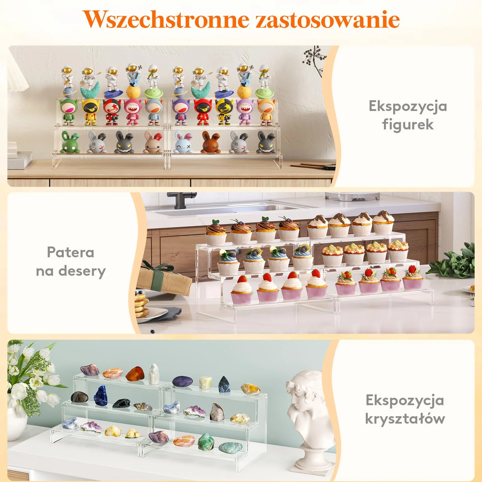 Lifewit 3 Tier Clear Display Risers Stand, 30.5 cm Plastikowe Risers do Wyświetlania, Plastikowe Organizatory do Figurek/Cupcake/Perfumy, Stojak Wyświetlania Biurkowego Dekoracji, 2 Opakowanie