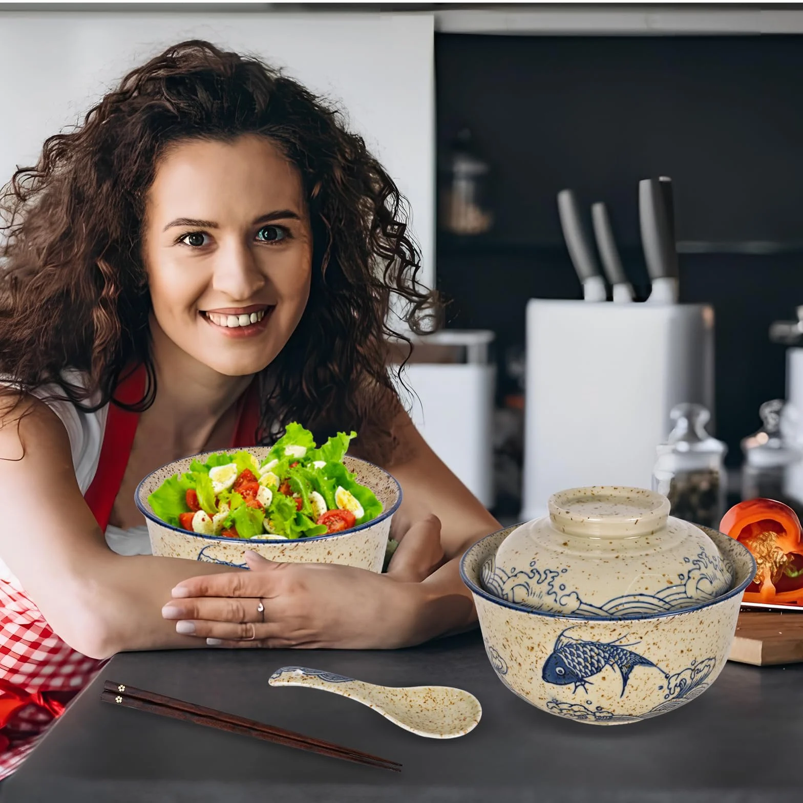 2 x zestaw misek do ramen 800 ml, ceramiczna miska do ramen z pokrywką, łyżką i pałeczkami, japońska miska na zupę, azjatyckie naczynia Ø 16 cm, miska na rameny, sałatki, musli (A)