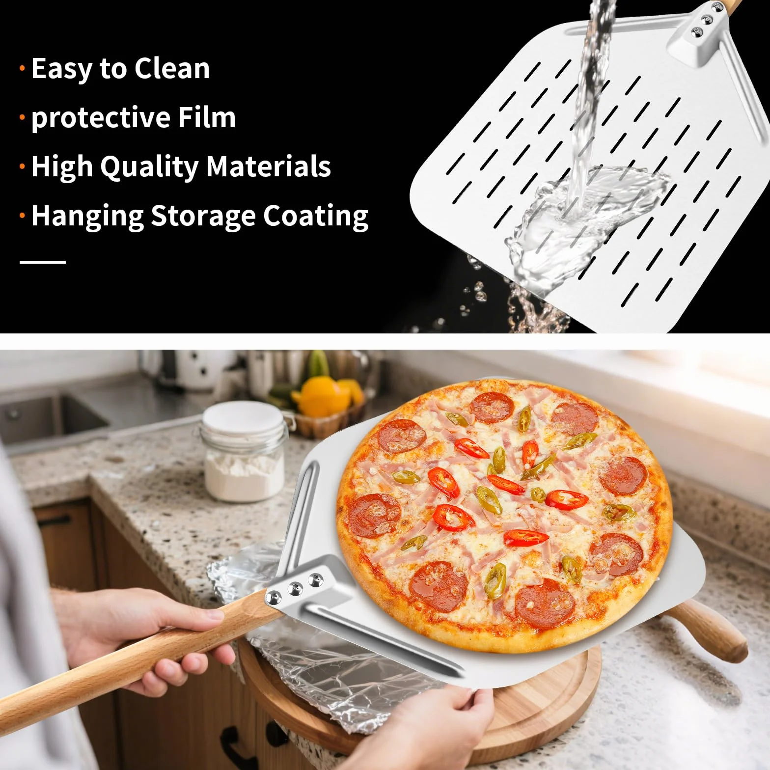 Łopata do pizzy Foydream,nóż do pizzy ze stali nierdzewnej z wyjmowanym uchwytem,​​łopata do pizzy 30,5 * 39 cm i 43 cm ergonomicznym drewnianym uchwytem, ​perforowana pizza do pieczenia chleba w domu